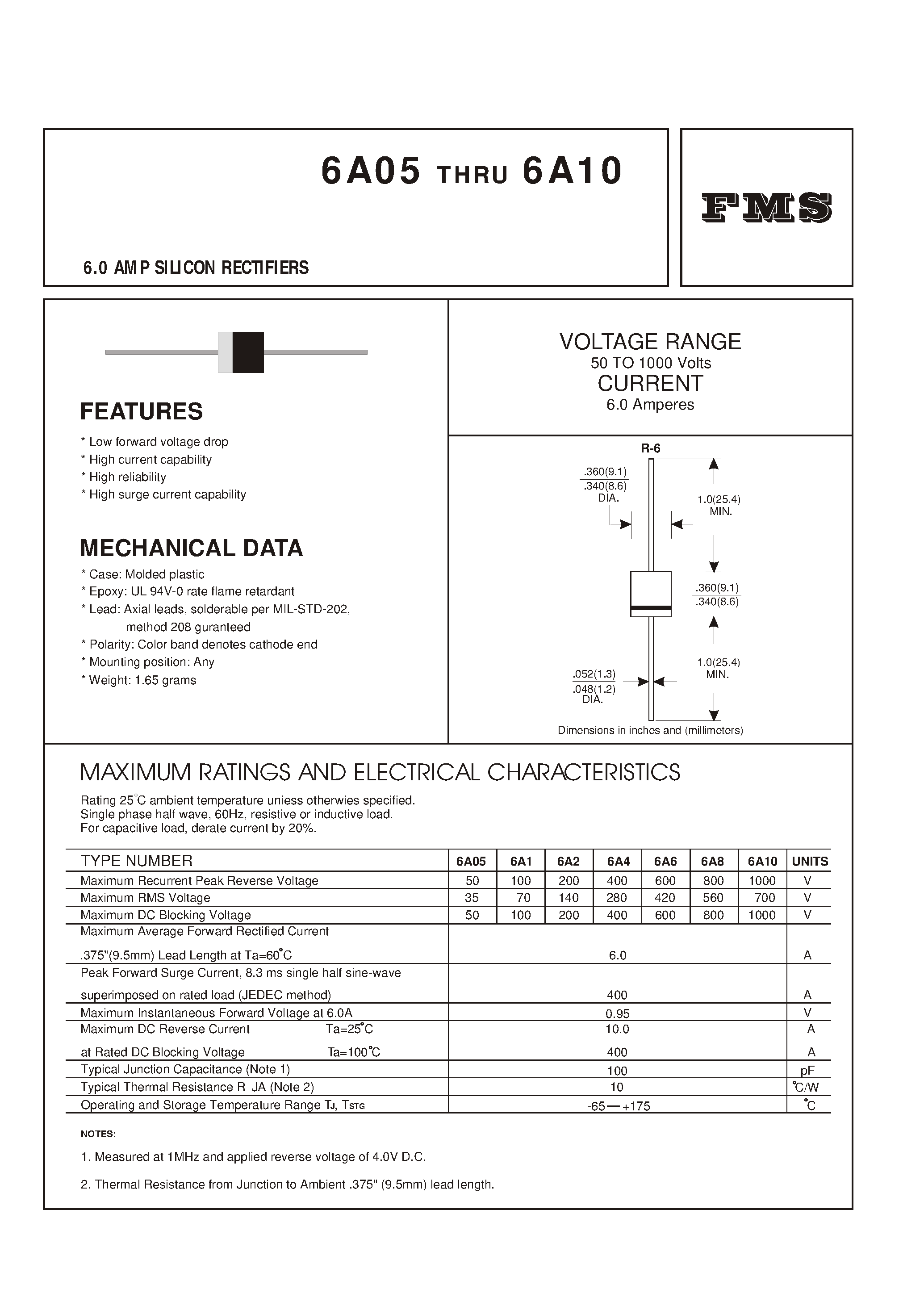Datasheet 6A2 - 6.0 AMP SILICON RECTIFIERS page 1