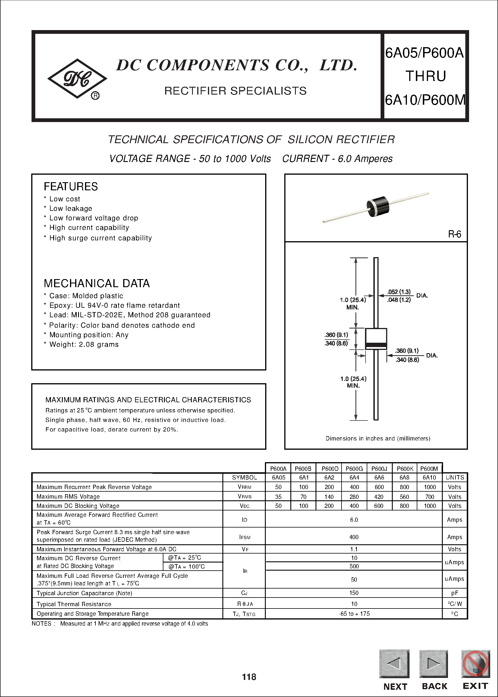 Datasheet 6A4 - TECHNICAL SPECIFICATIONS OF SILICON RECTIFIER page 1