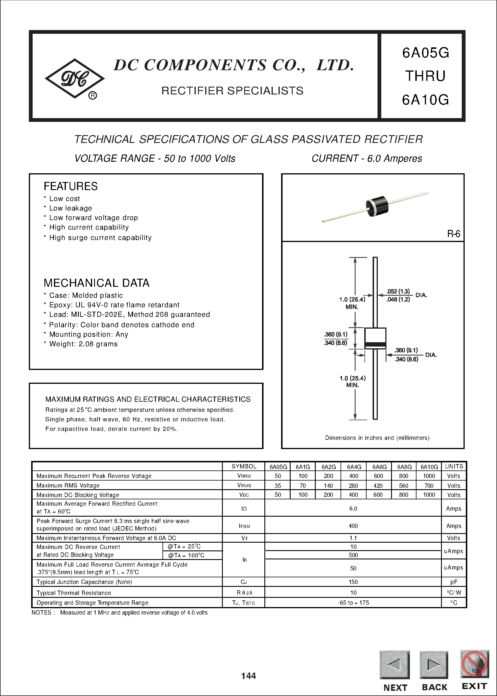 Datasheet 6A4G - TECHNICAL SPECIFICATIONS OF GLASS PASSIVATED RECTIFIER page 1