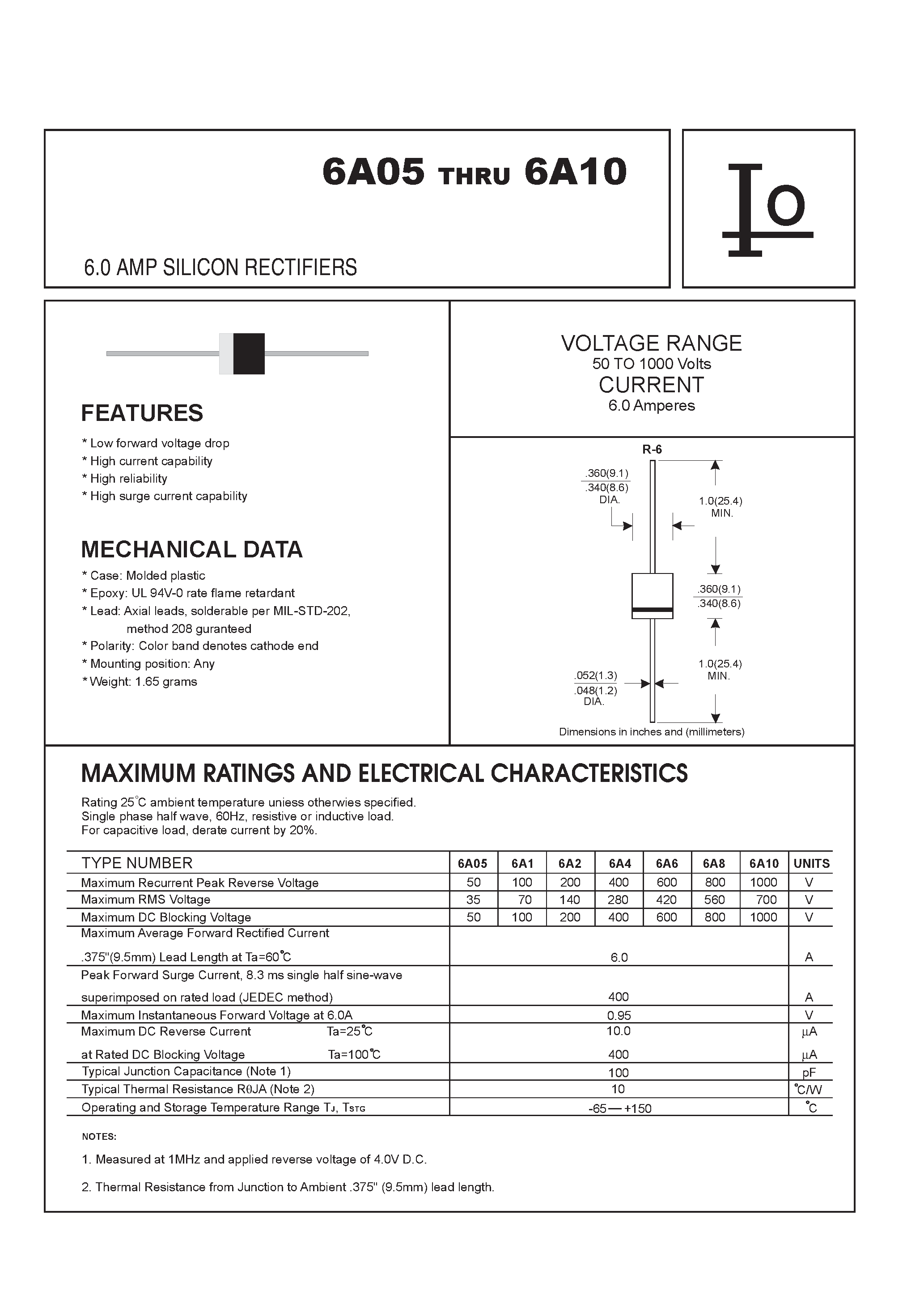 Datasheet 6A6 - 6.0 AMP SILICON RECTIFIERS page 1