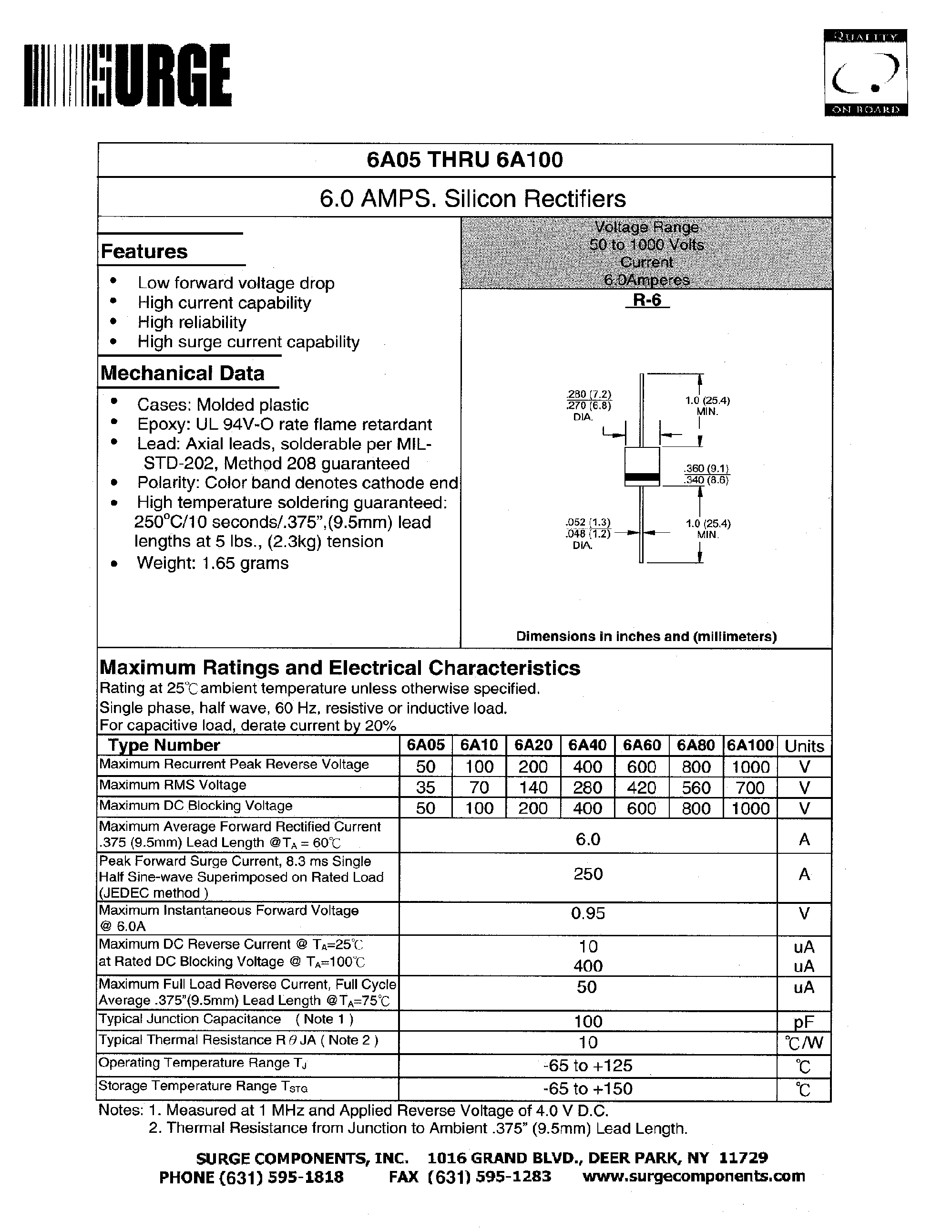 Datasheet 6A60 - 6.0 AMPS. SILICON RECTIFIERS page 1