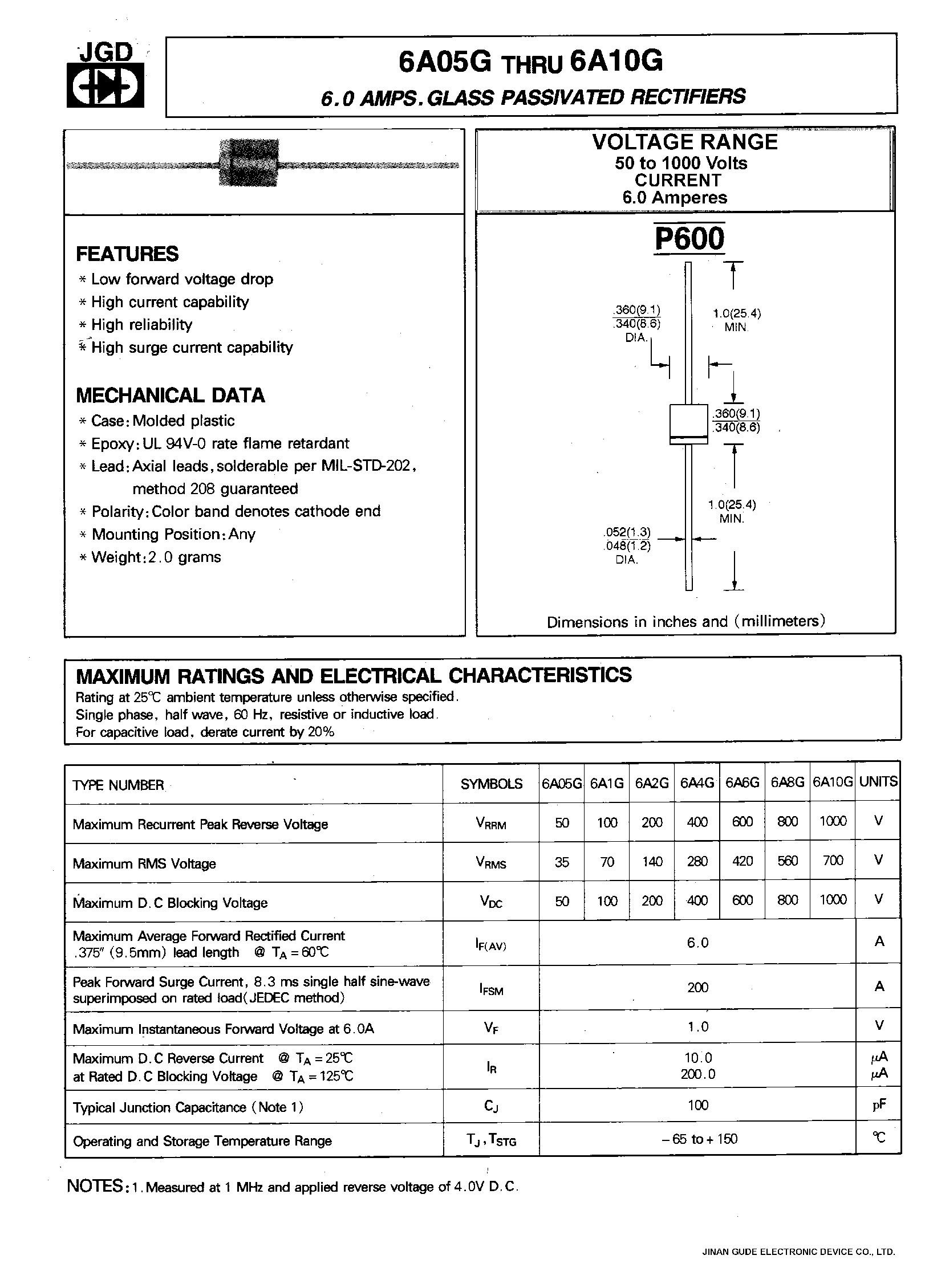 Datasheet 6A8G - 6.0 AMP. GLASS PASSIVATED RECTIFIERS page 1