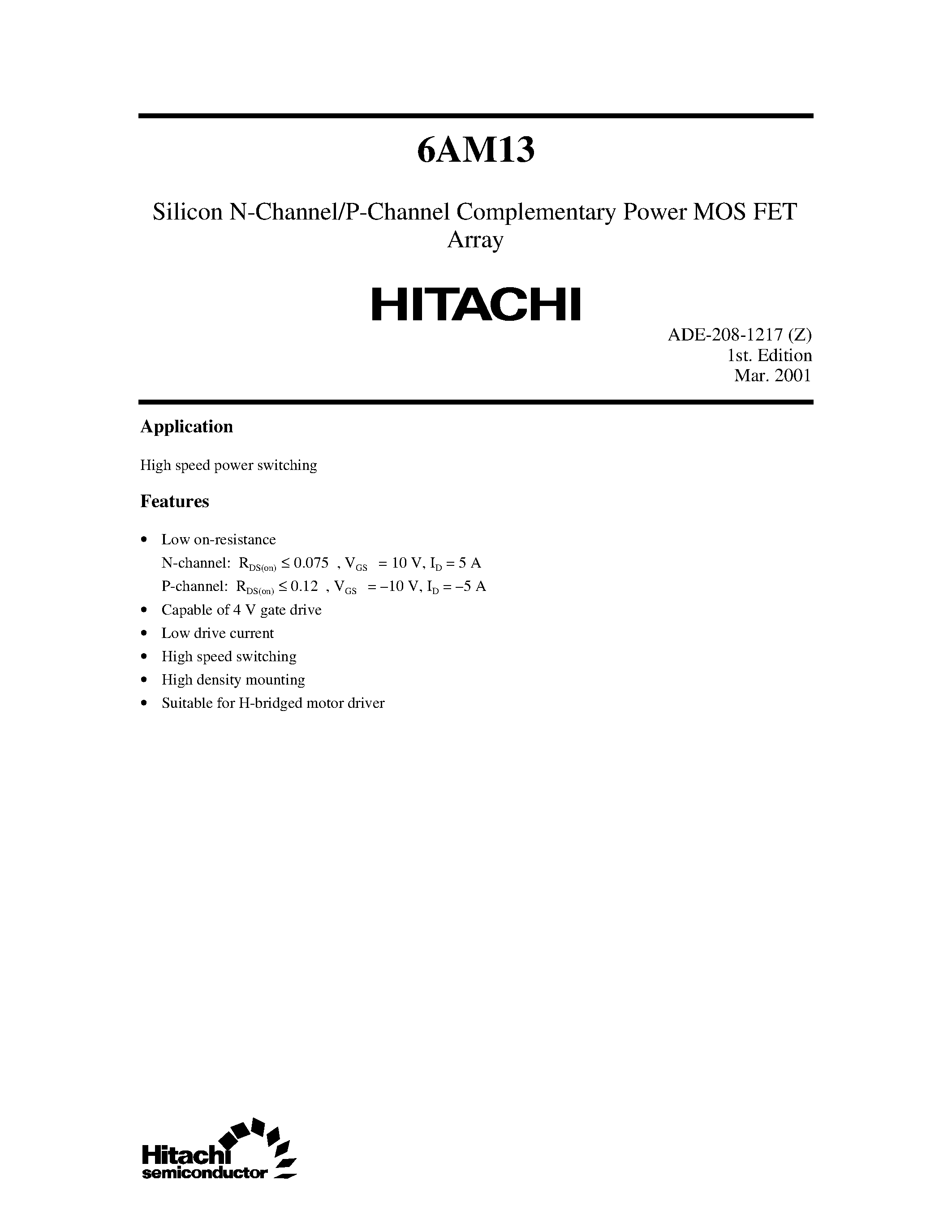 Datasheet 6AM13 - Silicon N-Channel/P-Channel Complementary Power MOS FET Array page 1