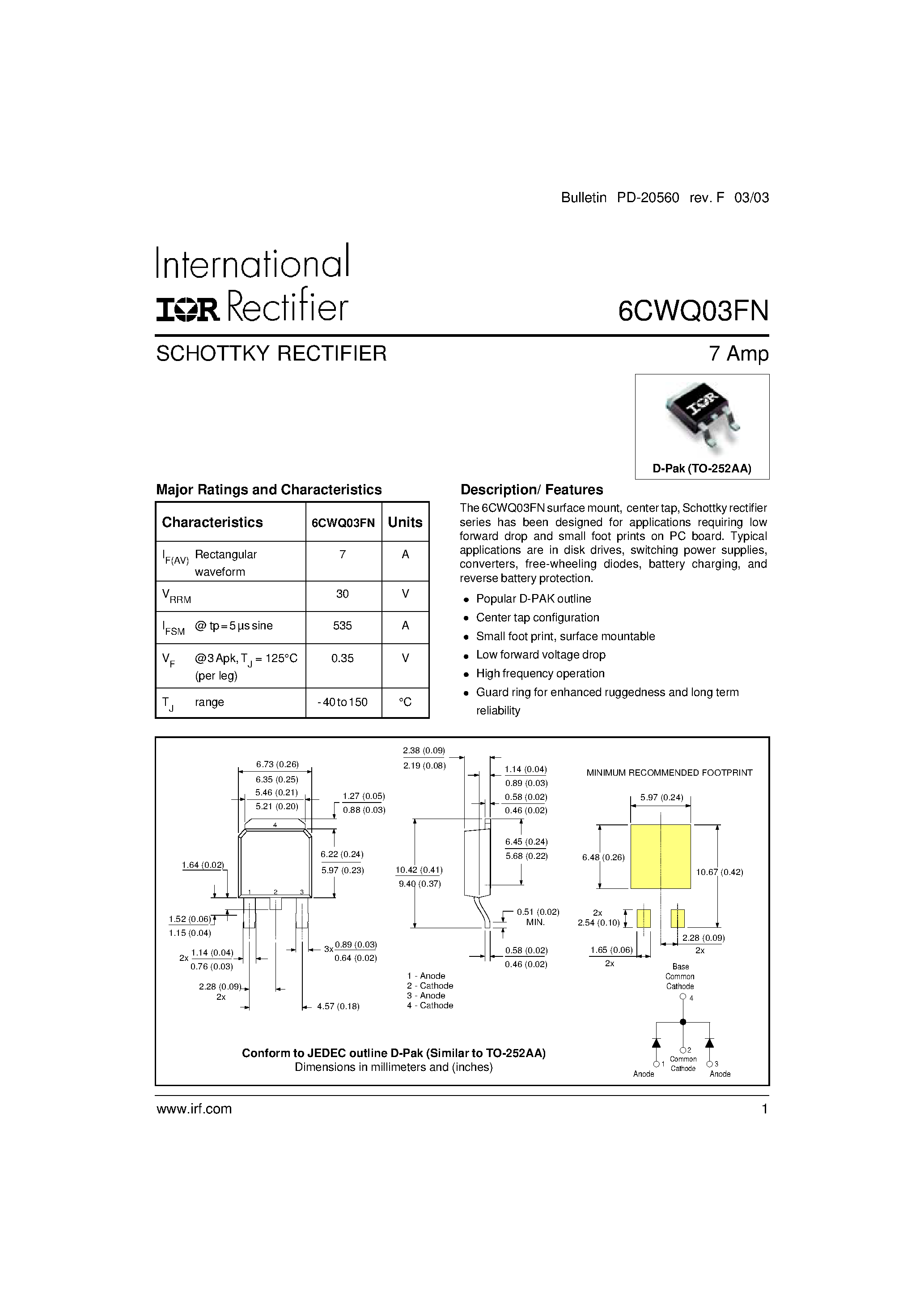 Datasheet 6CWQ03FN page 1 Datasheet 6CWQ03FN - SCHOTTKY RECTIFIER page 1