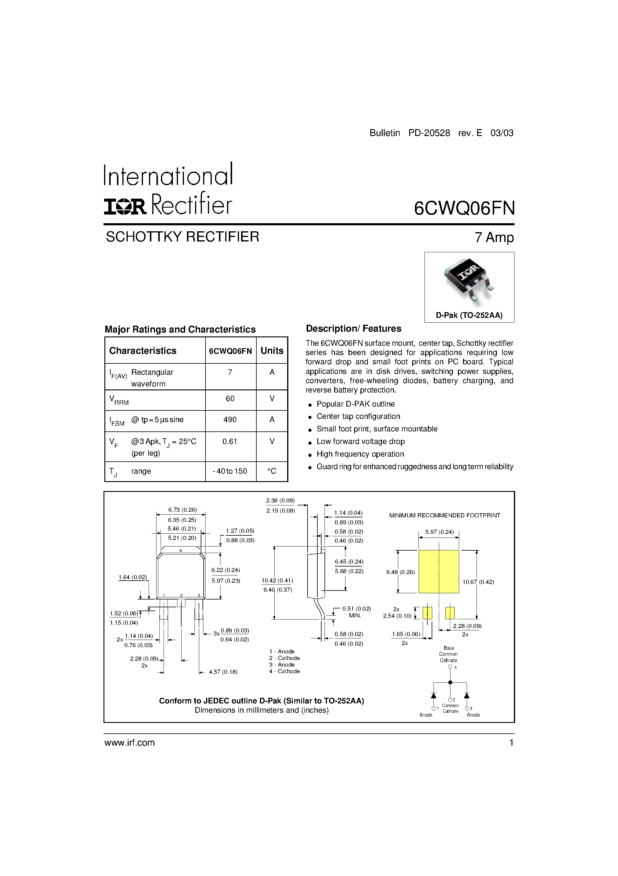 Datasheet 6CWQ06FN page 1 Datasheet 6CWQ06FN - SCHOTTKY RECTIFIER page 1