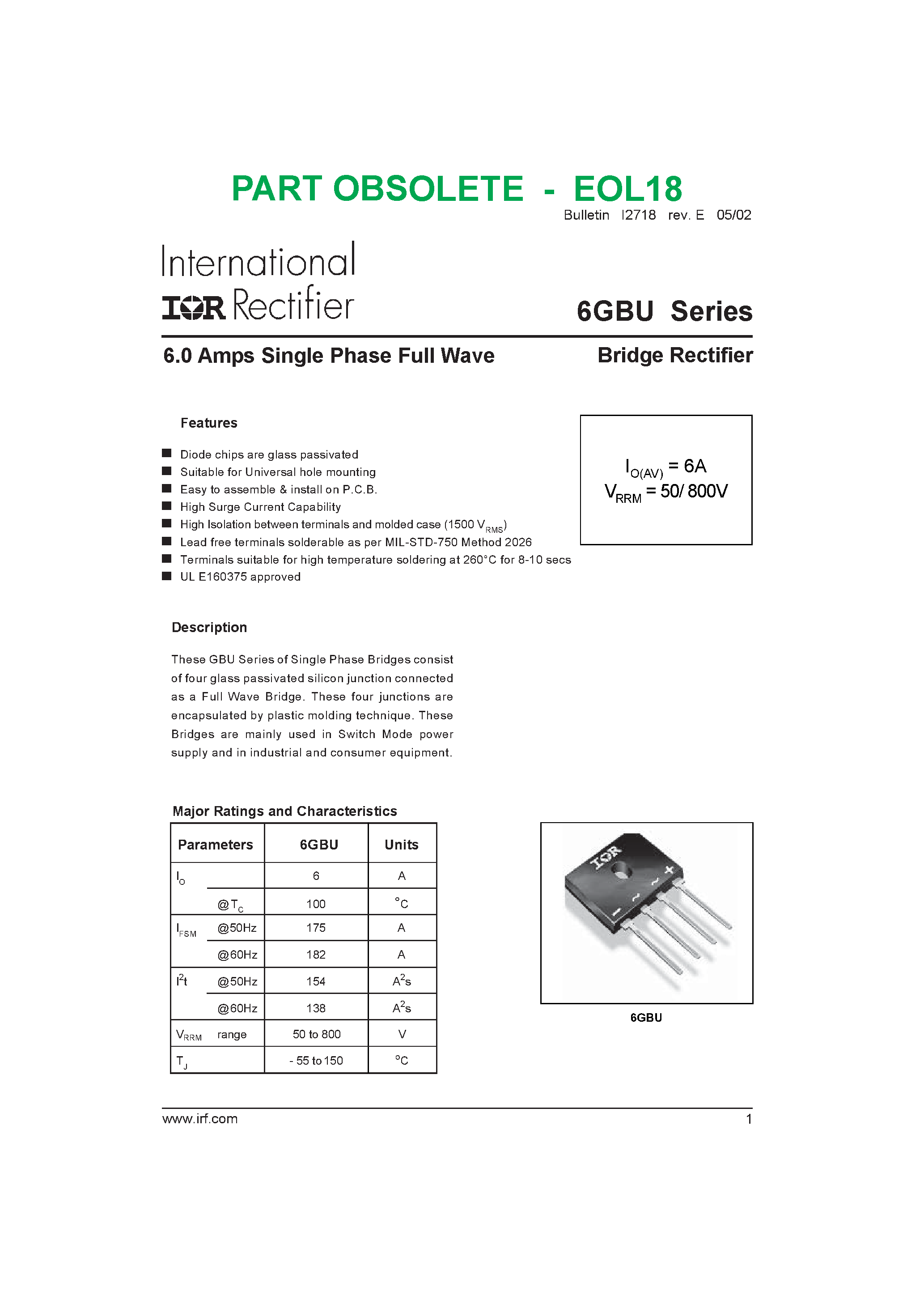 Datasheet 6GBU01 - 6.0 Amps Single Phase Full Wave page 1