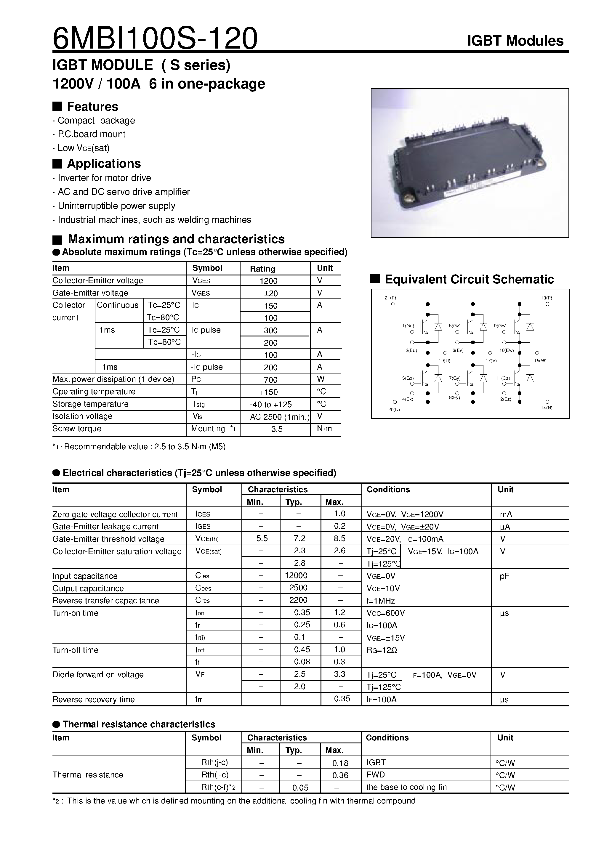 Datasheet 6MBI100S-120 - IGBT MODULE(S series) page 1