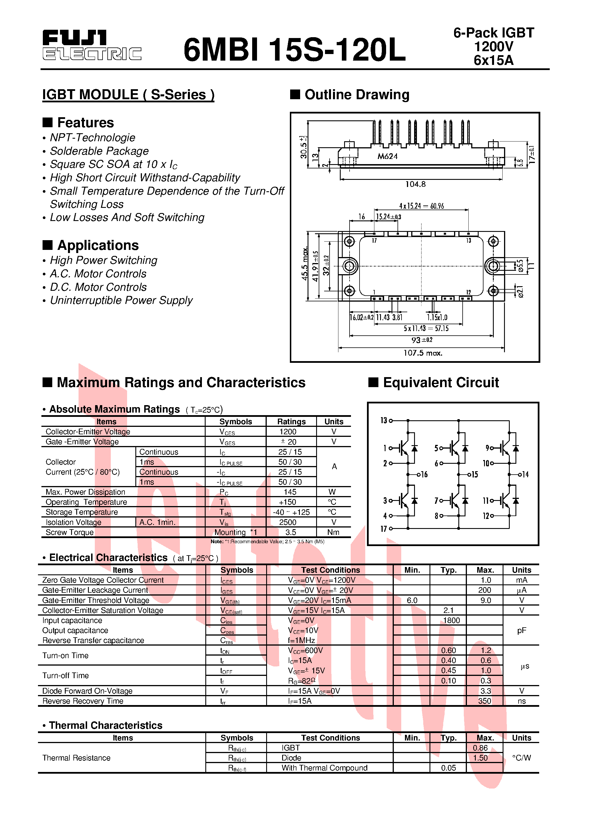 Datasheet 6MBI15S-120L - IGBT MODULE ( S-Series ) page 1