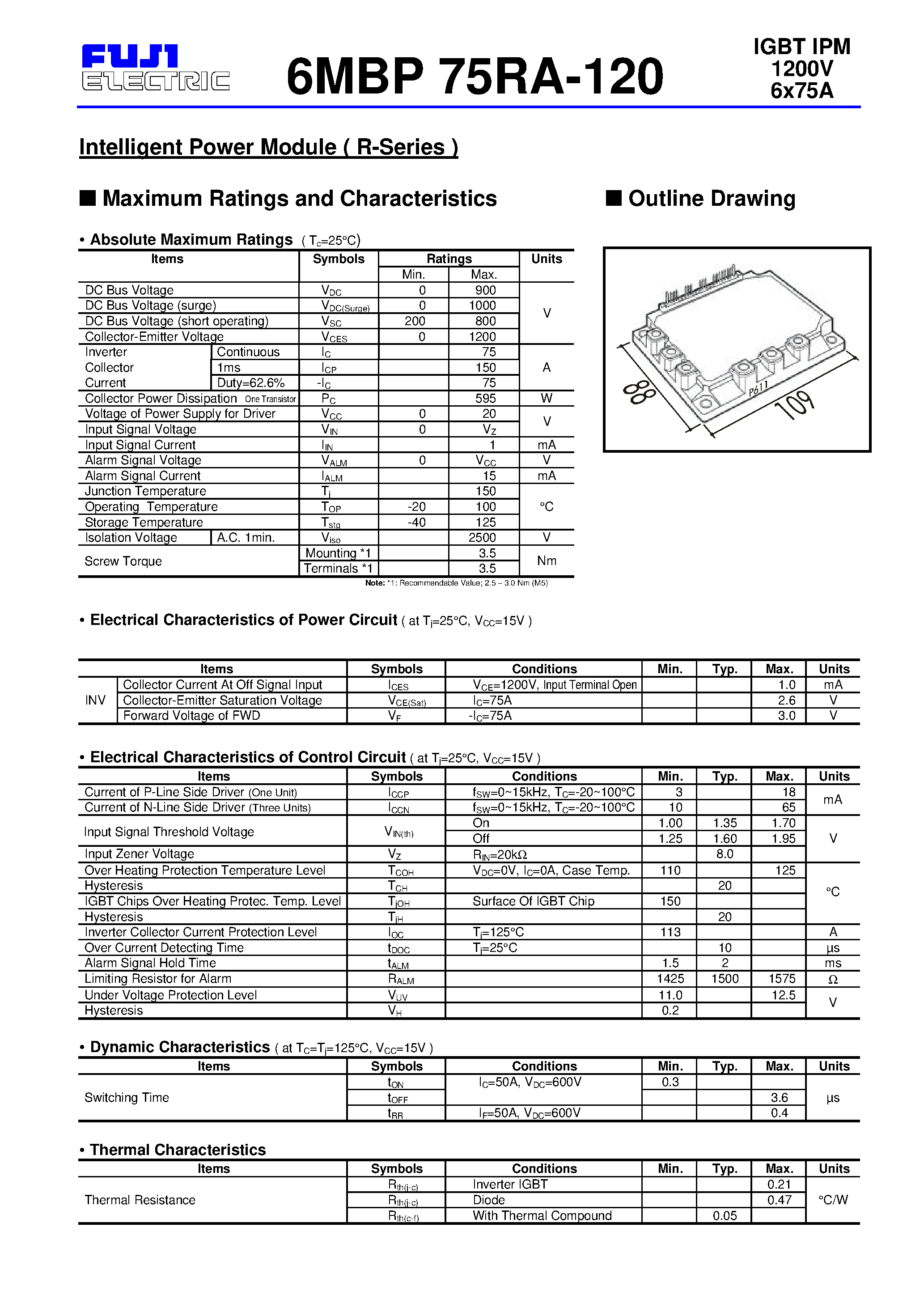 Даташит 6MBP75RA-120 - Intelligent Power Module ( R-Series ) страница 1