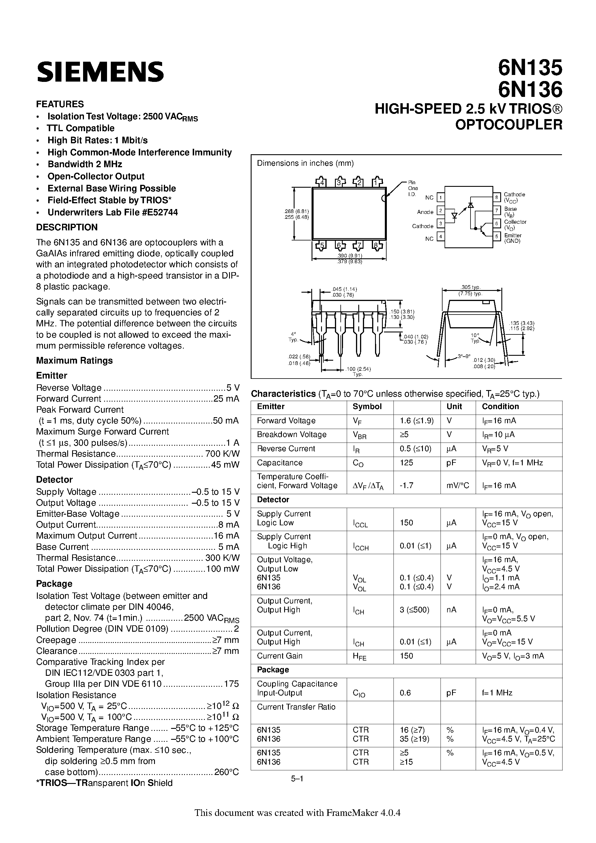 Datasheet 6N136 - HIGH-SPEED 2.5 kV TRIOS OPTOCOUPLER page 1