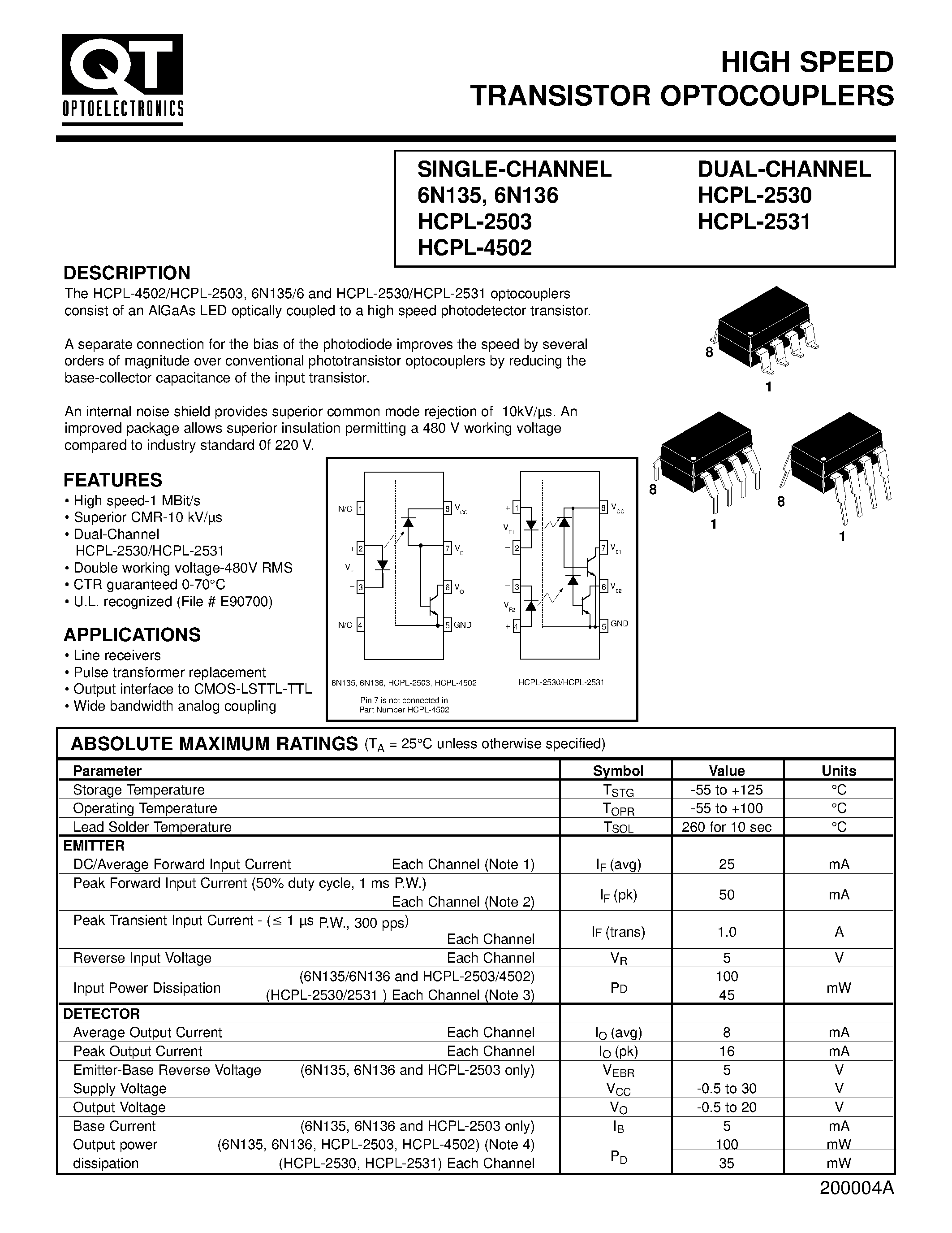 Даташит 6N136 - HIGH SPEED TRANSISTOR OPTOCOUPLERS страница 1