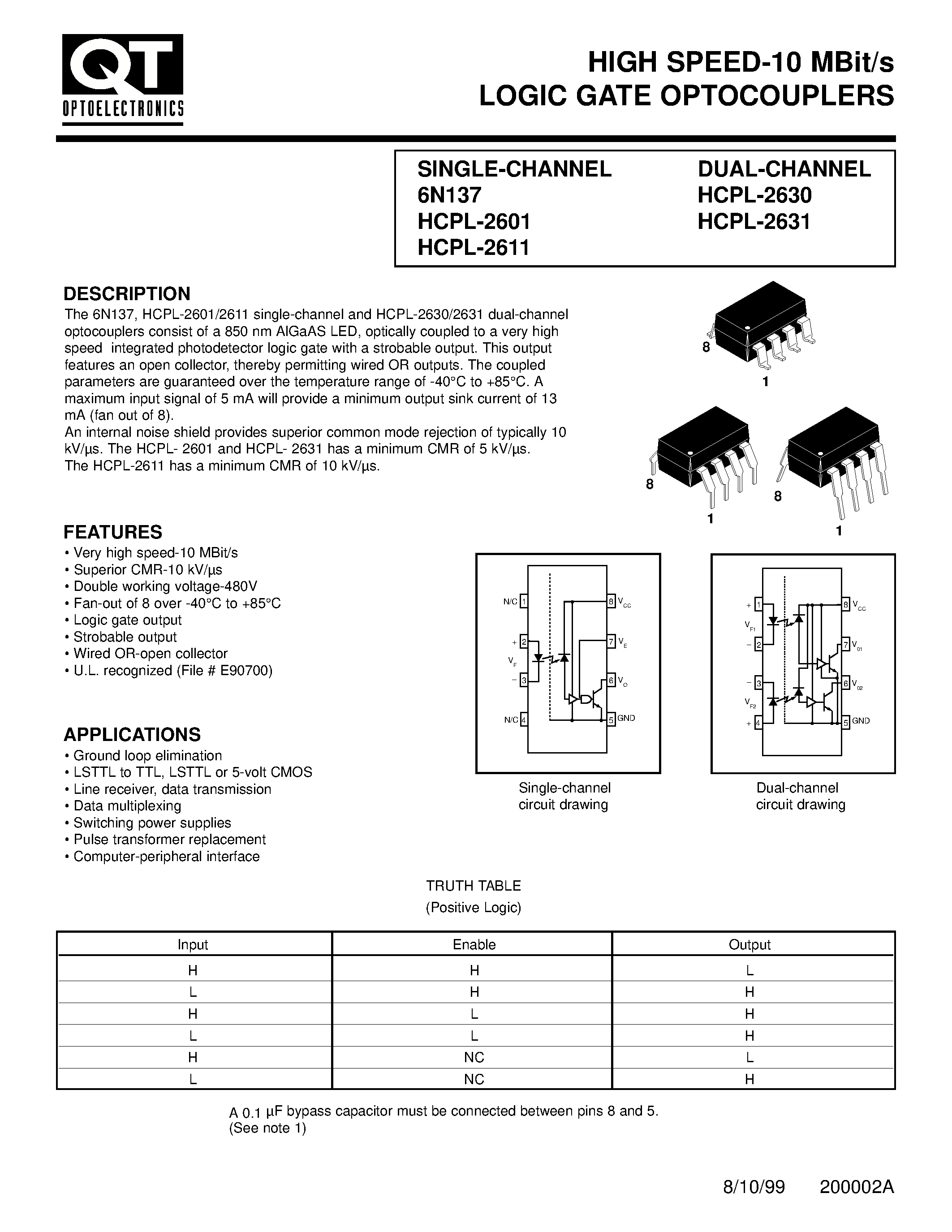 Datasheet 6N137 page 1 Datasheet 6N137 - HIGH SPEED-10 MBit/s LOGIC GATE OPTOCOUPLERS page 1