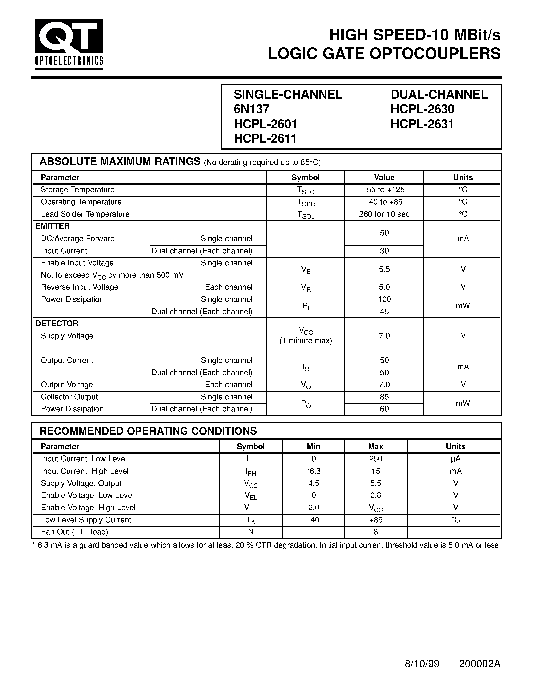 Datasheet 6N137 page 2 Datasheet 6N137 - HIGH SPEED-10 MBit/s LOGIC GATE OPTOCOUPLERS page 2