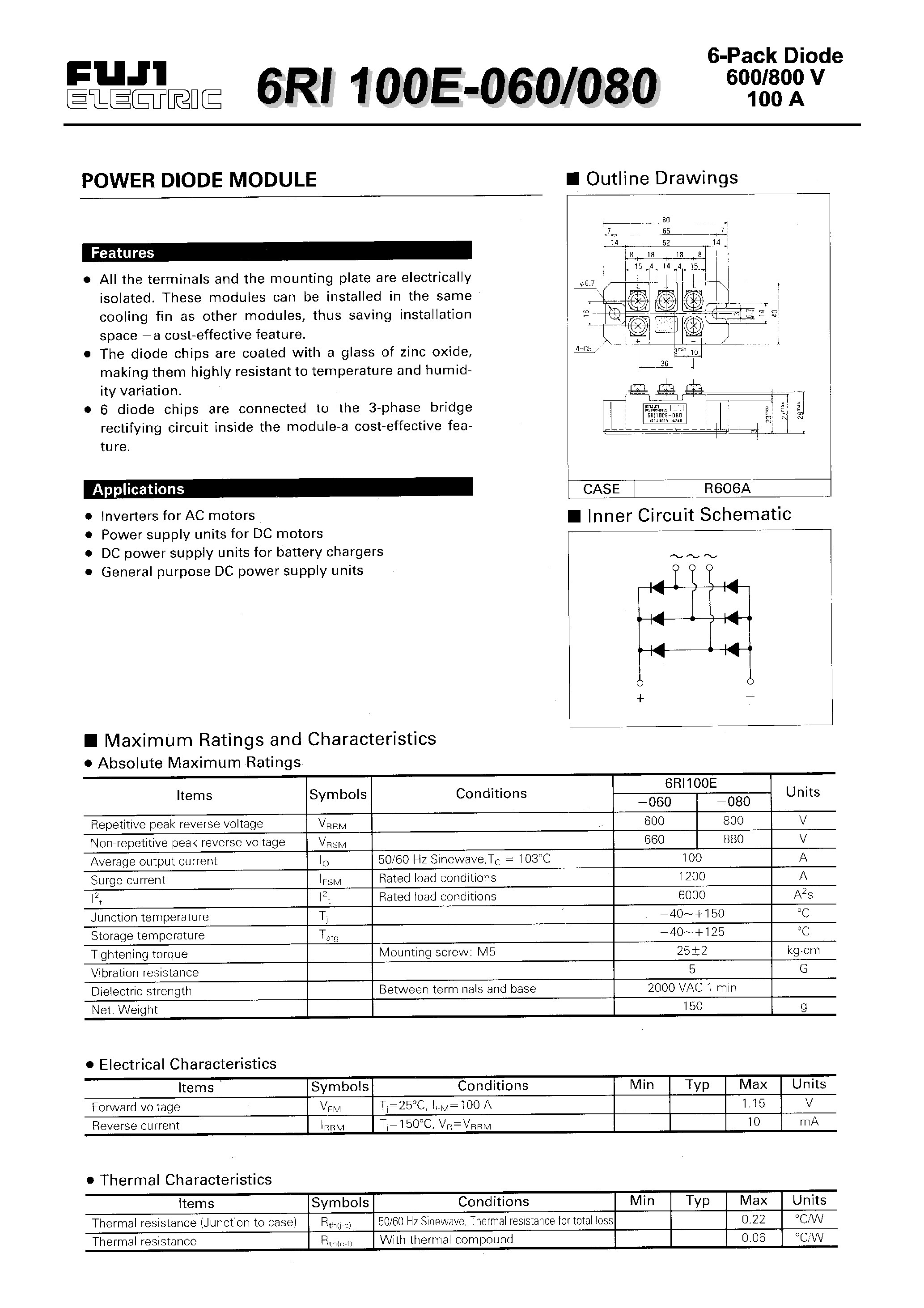 Datasheet 6RI100E-060 page 1 Datasheet 6RI100E-060 - POWER DIODE MODULE page 1