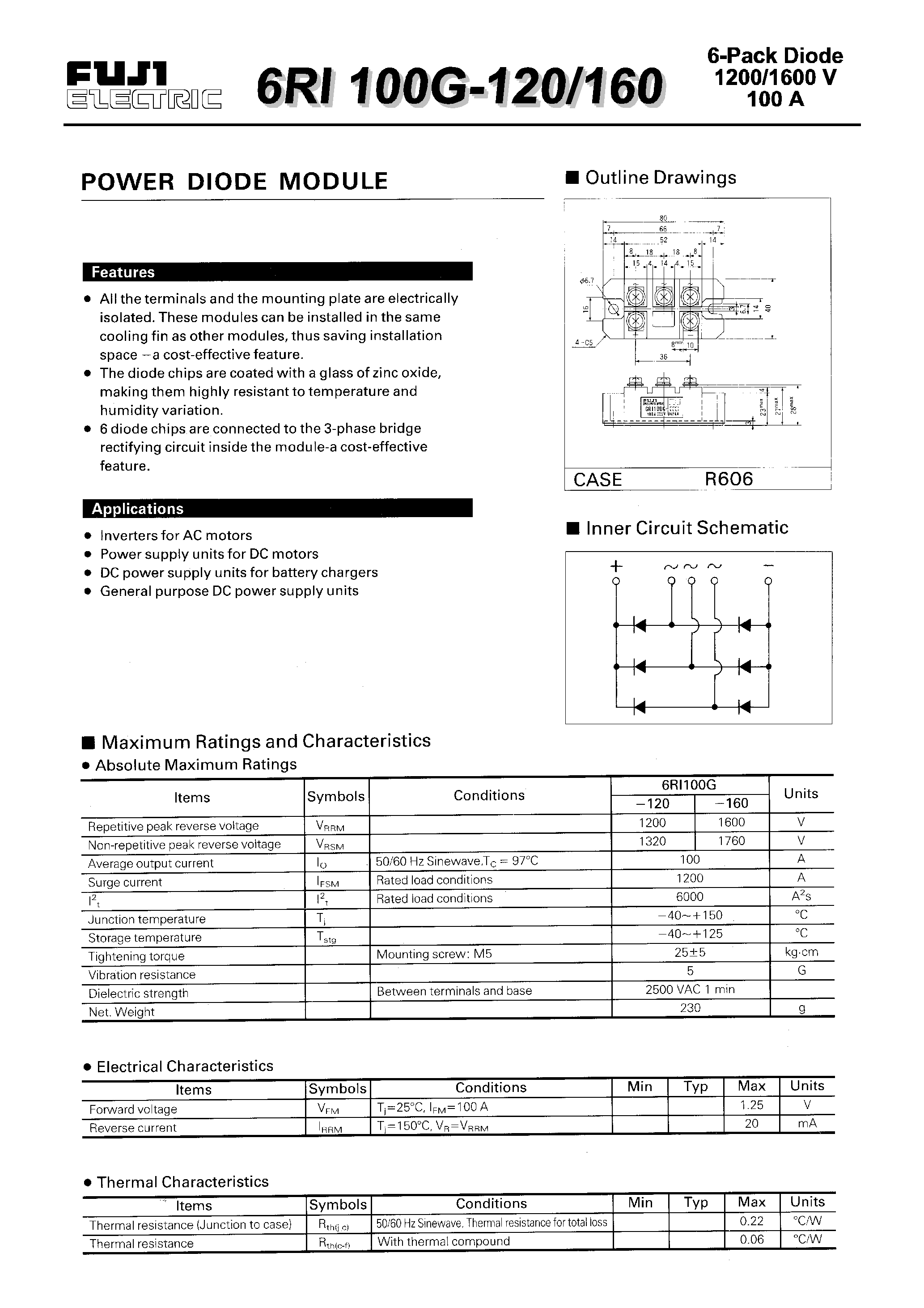 Datasheet 6RI100G-120 page 1 Datasheet 6RI100G-120 - POWER DIODE MODULE page 1