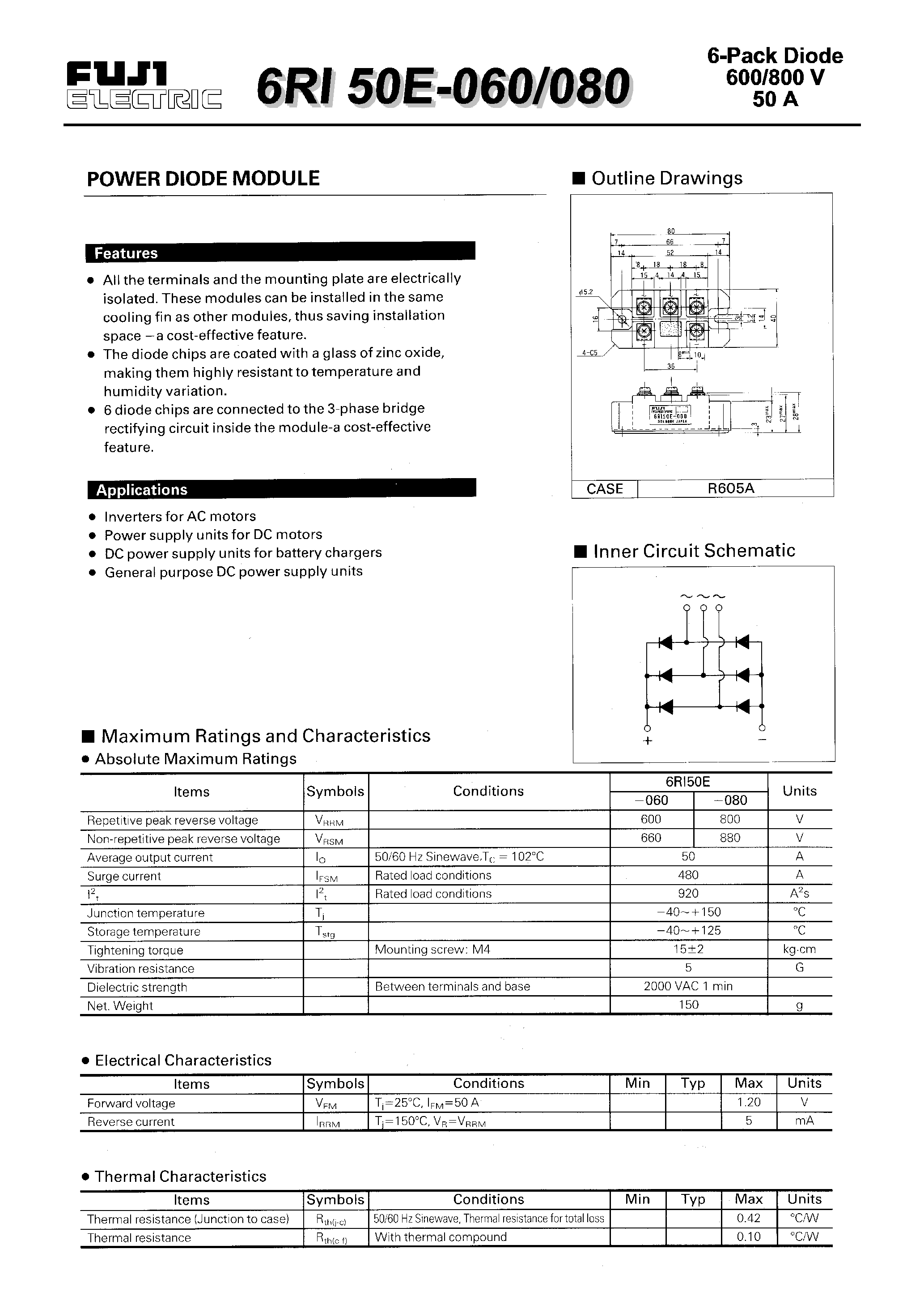 Datasheet 6RI50E-060 page 1 Datasheet 6RI50E-060 - POWER DIODE MODULE page 1
