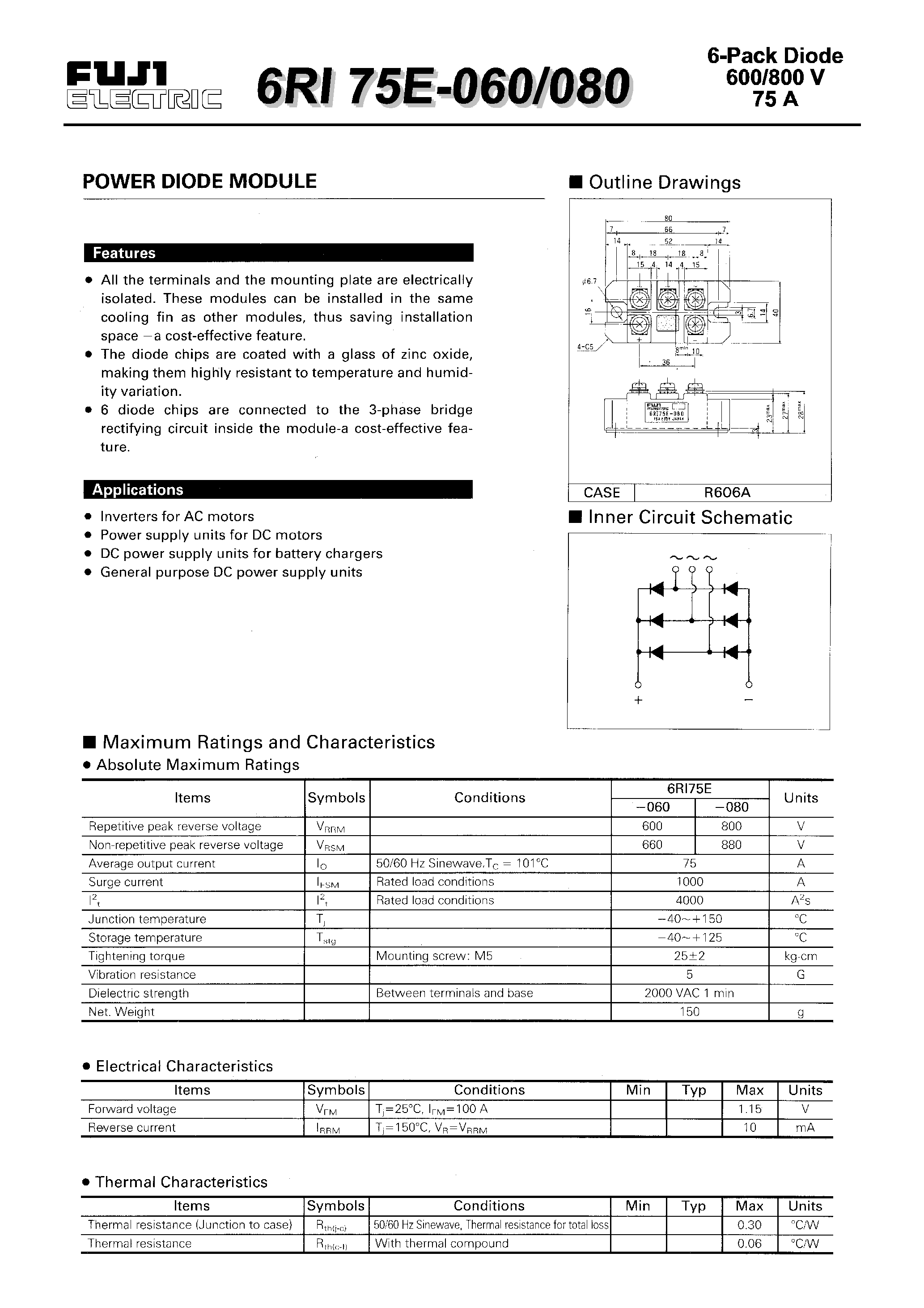 Datasheet 6RI75E-080 page 1 Datasheet 6RI75E-080 - POWER DIODE MODULE page 1