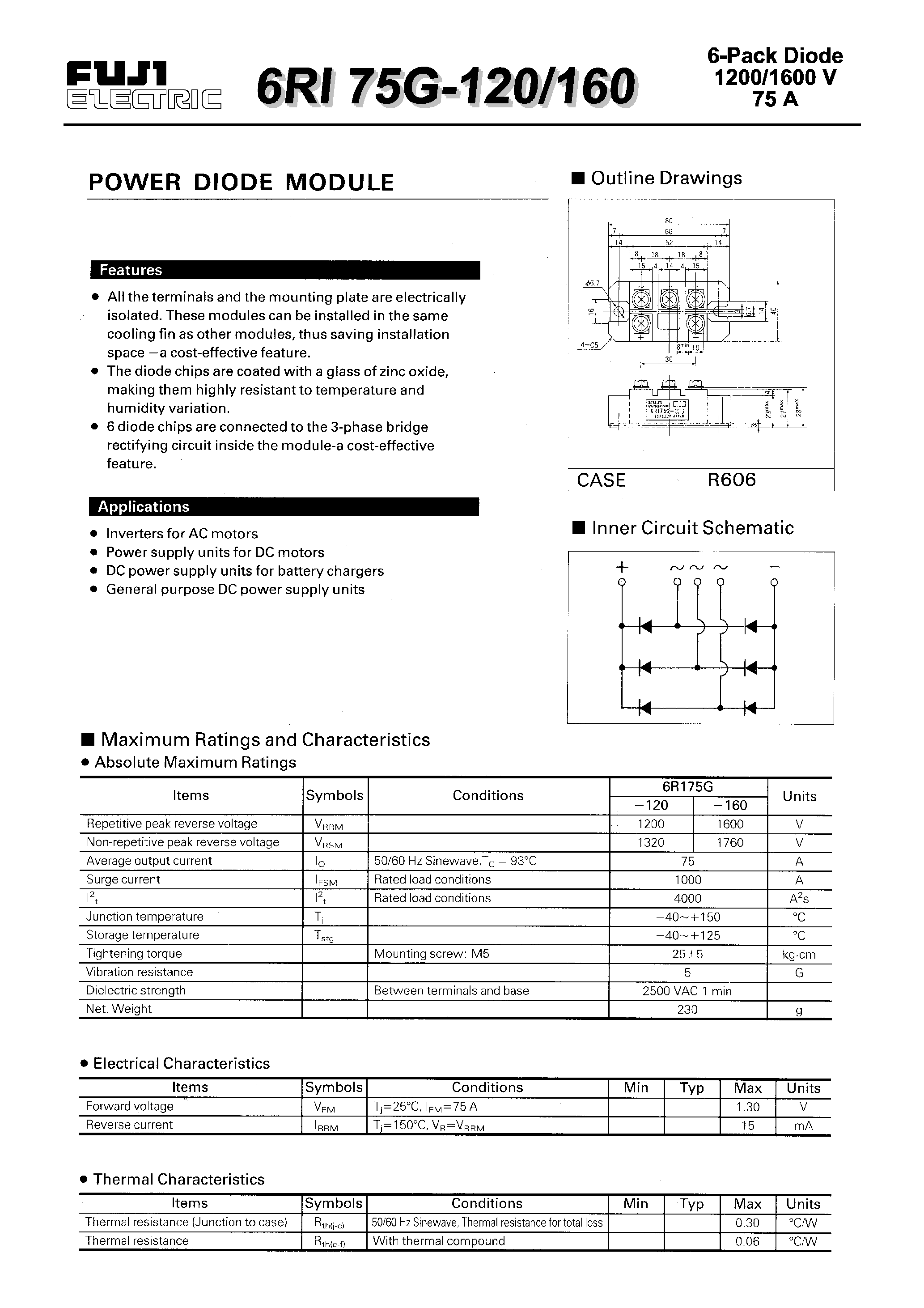 Datasheet 6RI75G-120 page 1 Datasheet 6RI75G-120 - POWER DIODE MODULE page 1