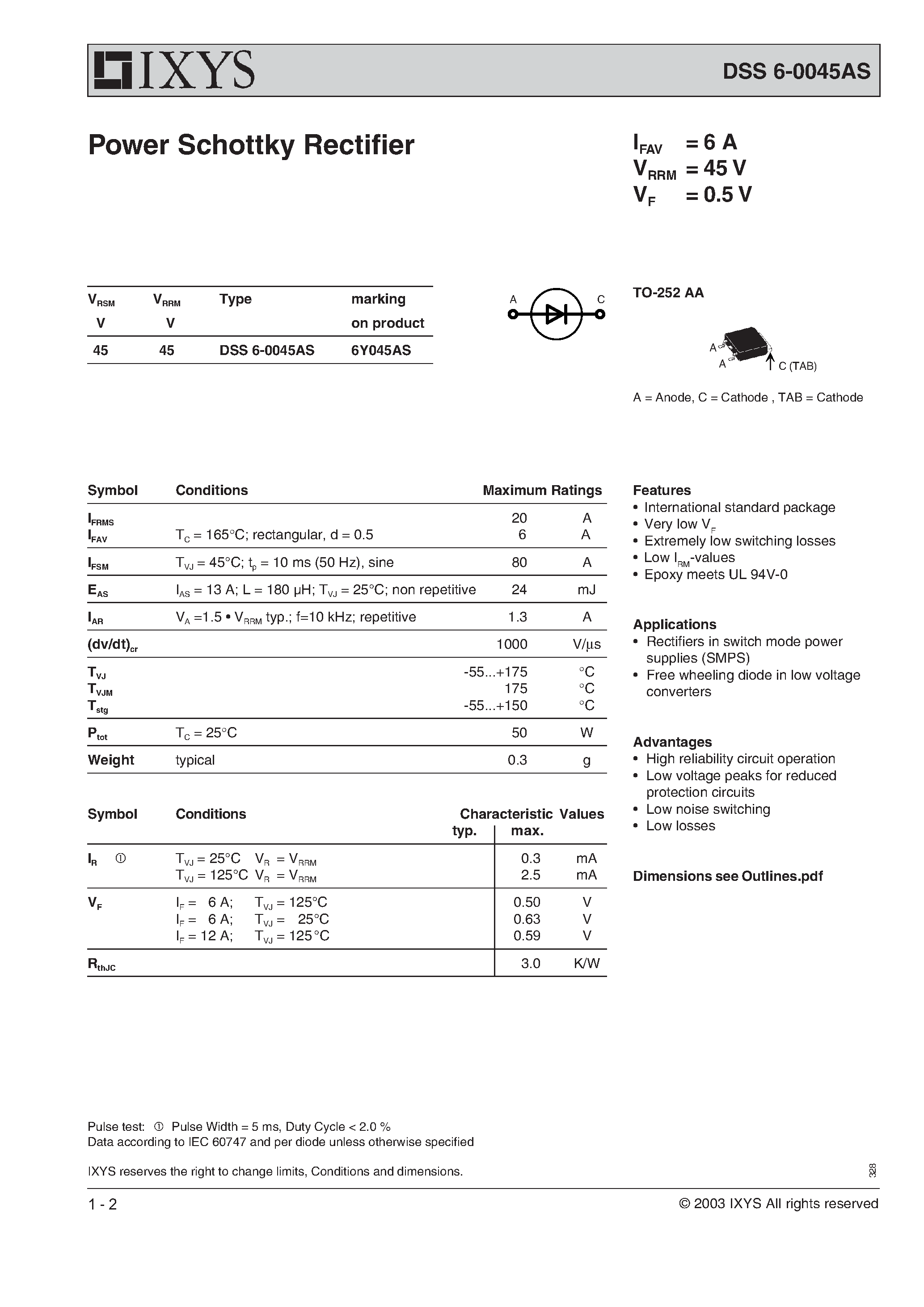 Datasheet 6Y045AS - Power Schottky Rectifier page 1
