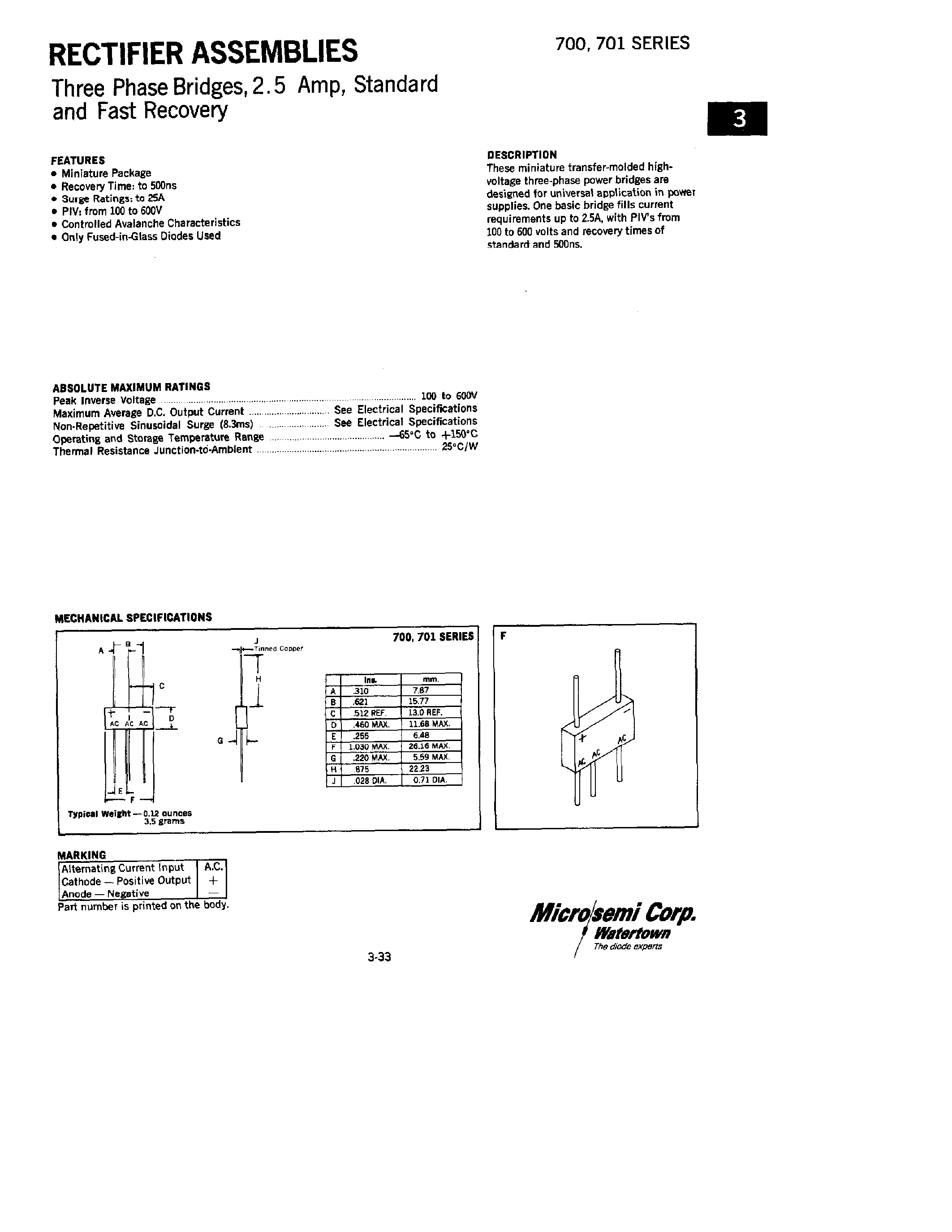 Datasheet 700-3 - RECTIFIERS ASSEMBLIES THREE PHASE BRIDGES/ 2.5 AMP/ STANDARD AND FAST RECOVERY page 1