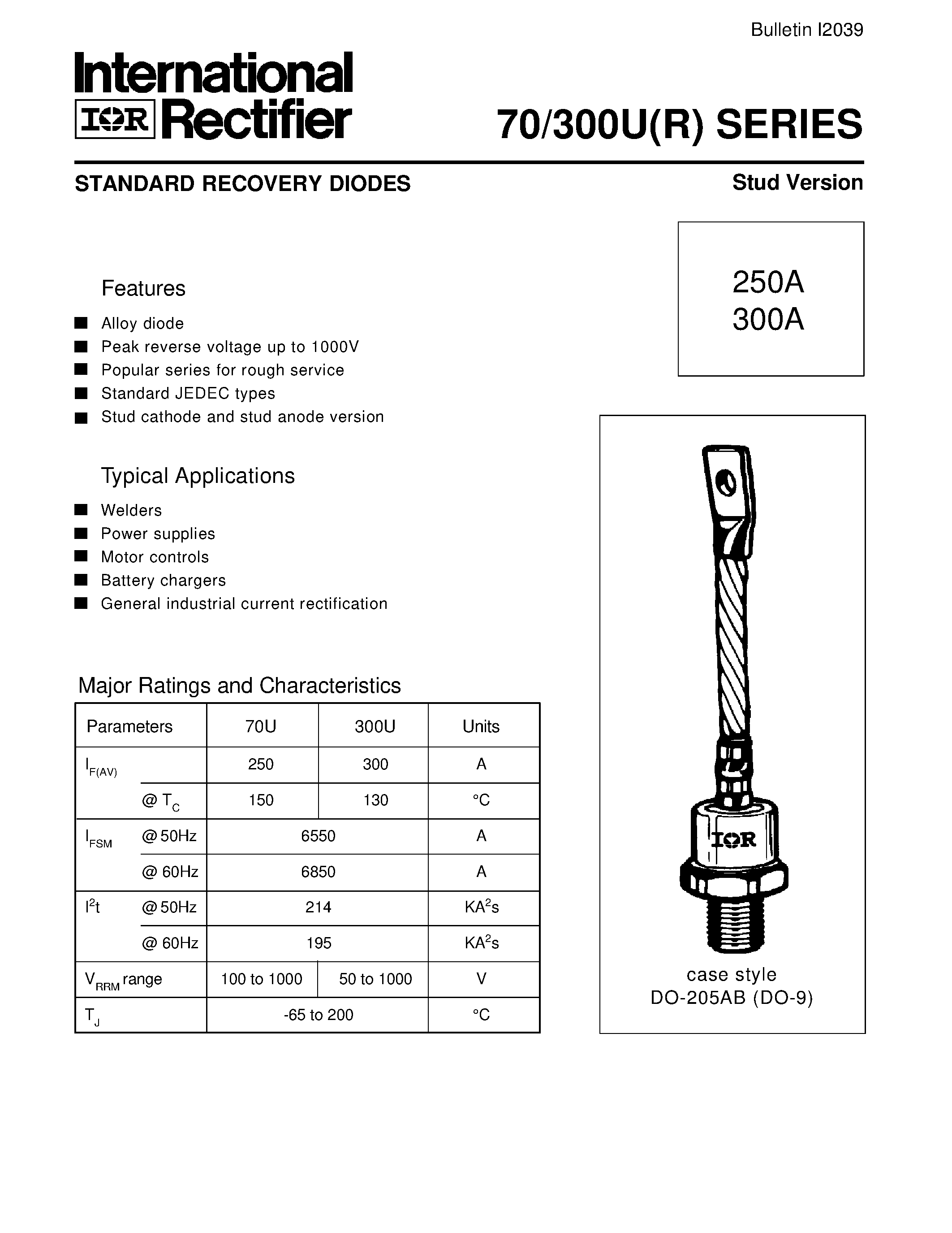 Datasheet 70300U page 1 Datasheet 70300U - STANDARD RECOVERY DIODES Stud Version page 1