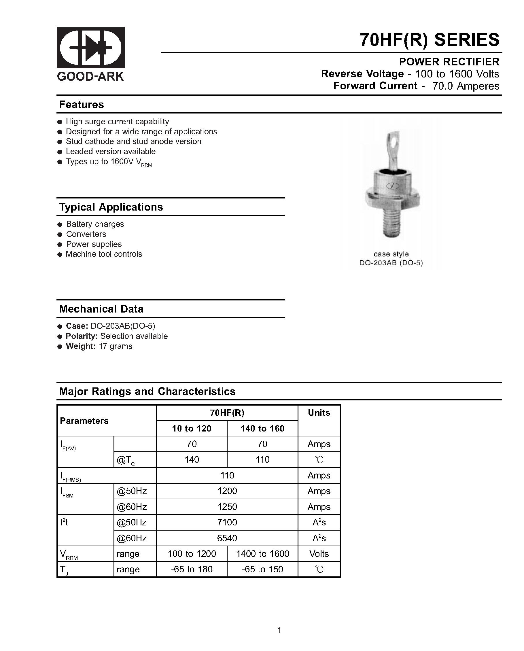 Datasheet 70HF10 page 1 Datasheet 70HF10 - POWER RECTIFIER page 1