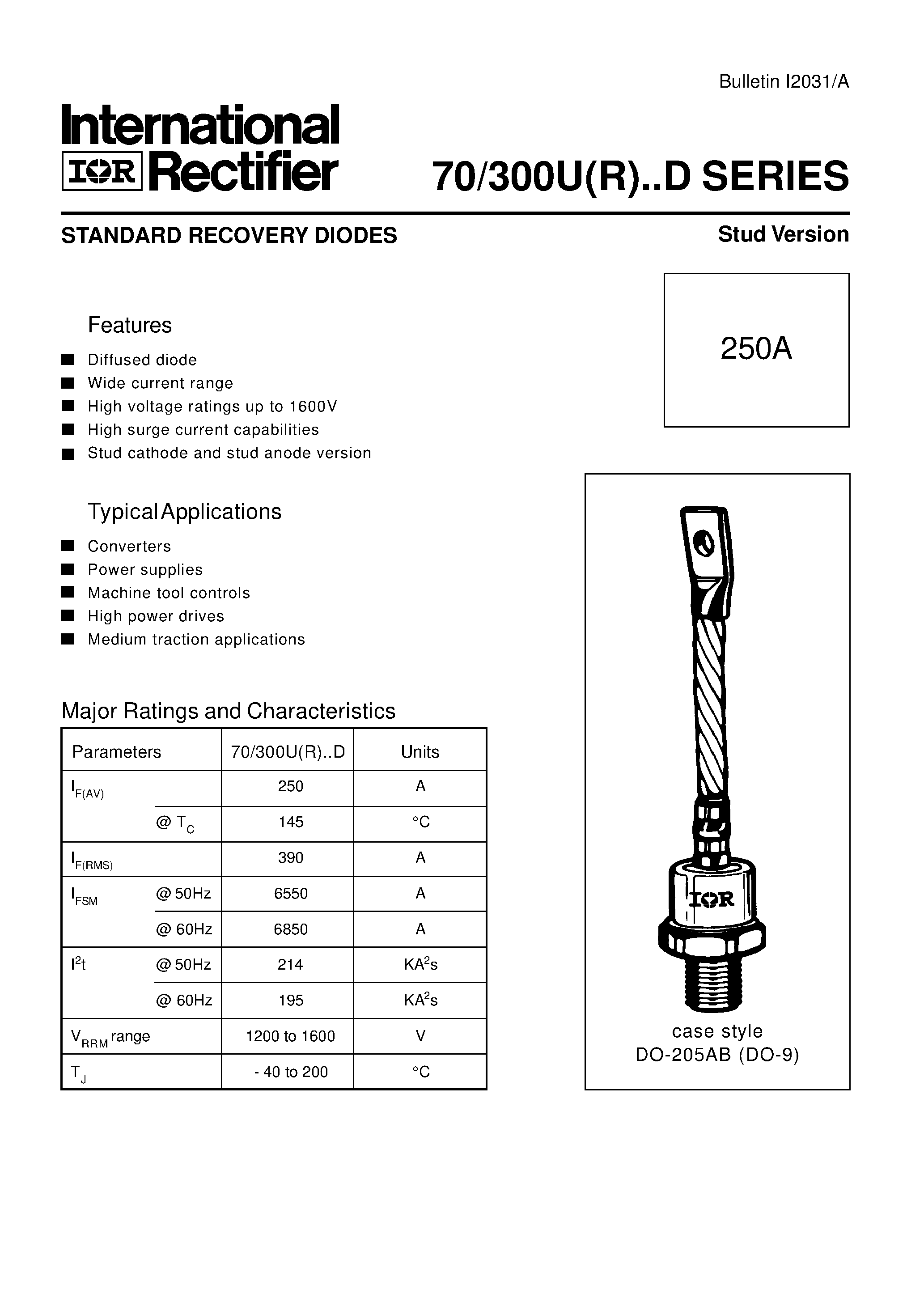 Datasheet 70UF160AYPD page 1 Datasheet 70UF160AYPD - STANDARD RECOVERY DIODES Stud Version page 1