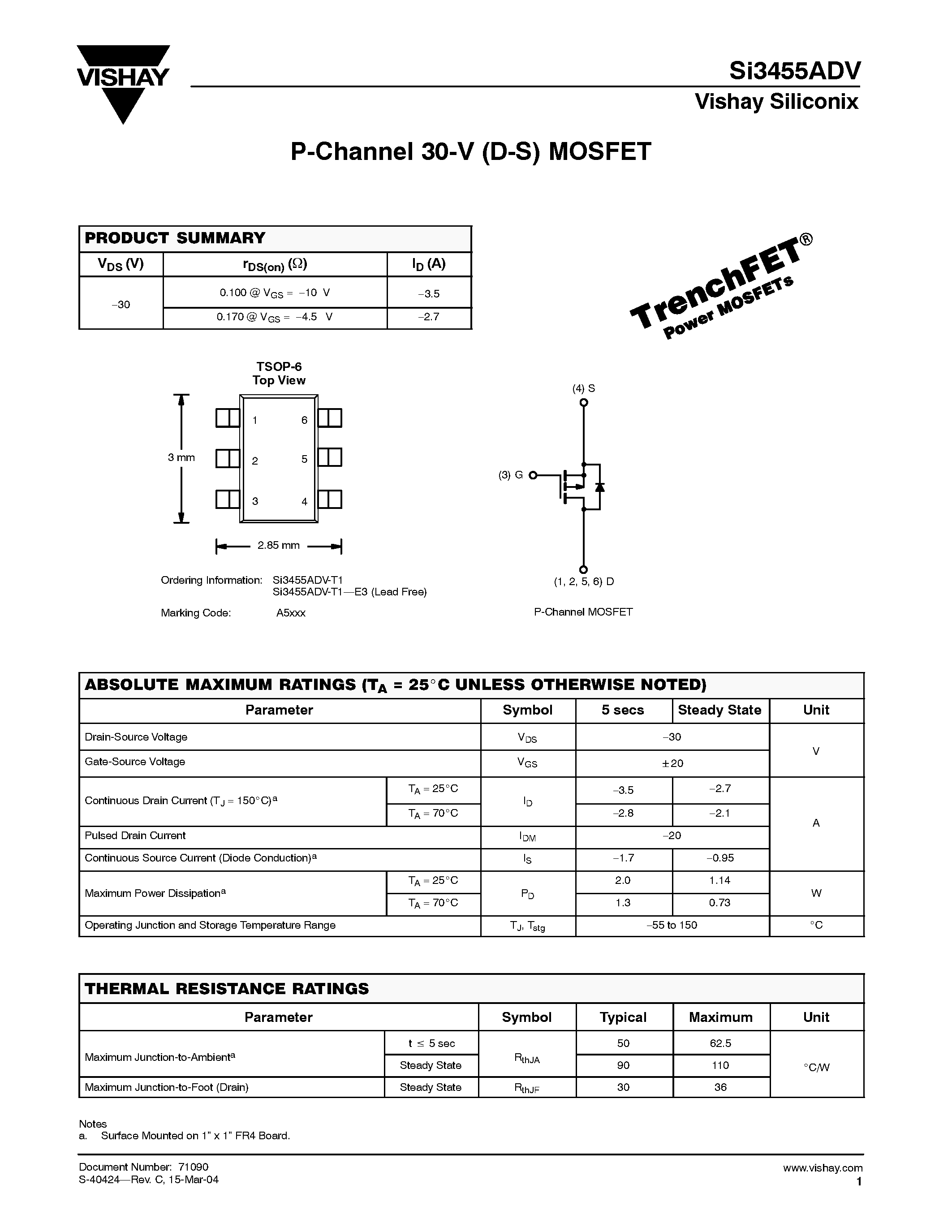 Datasheet 71090 - P-Channel 30-V (D-S) MOSFET page 1