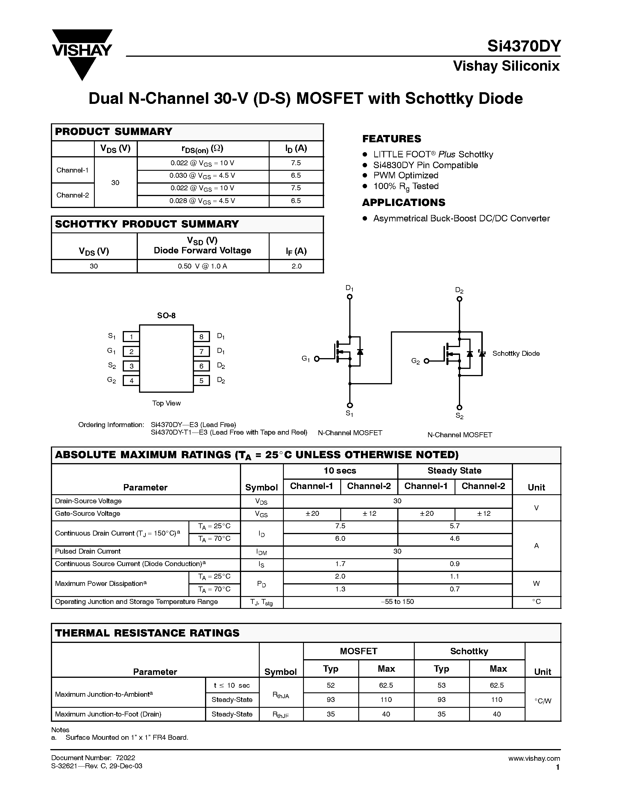 Datasheet 72022 - Dual N-Channel 30-V (D-S) MOSFET with Schottky Diode page 1