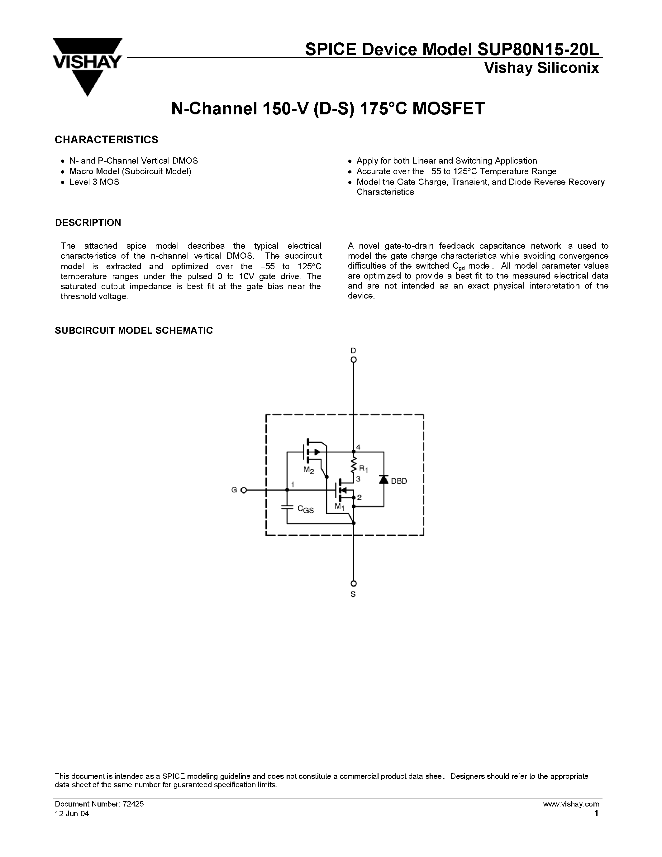 Datasheet 72425 page 1 Datasheet 72425 - N-Channel 150-V (D-S) 175C MOSFET page 1