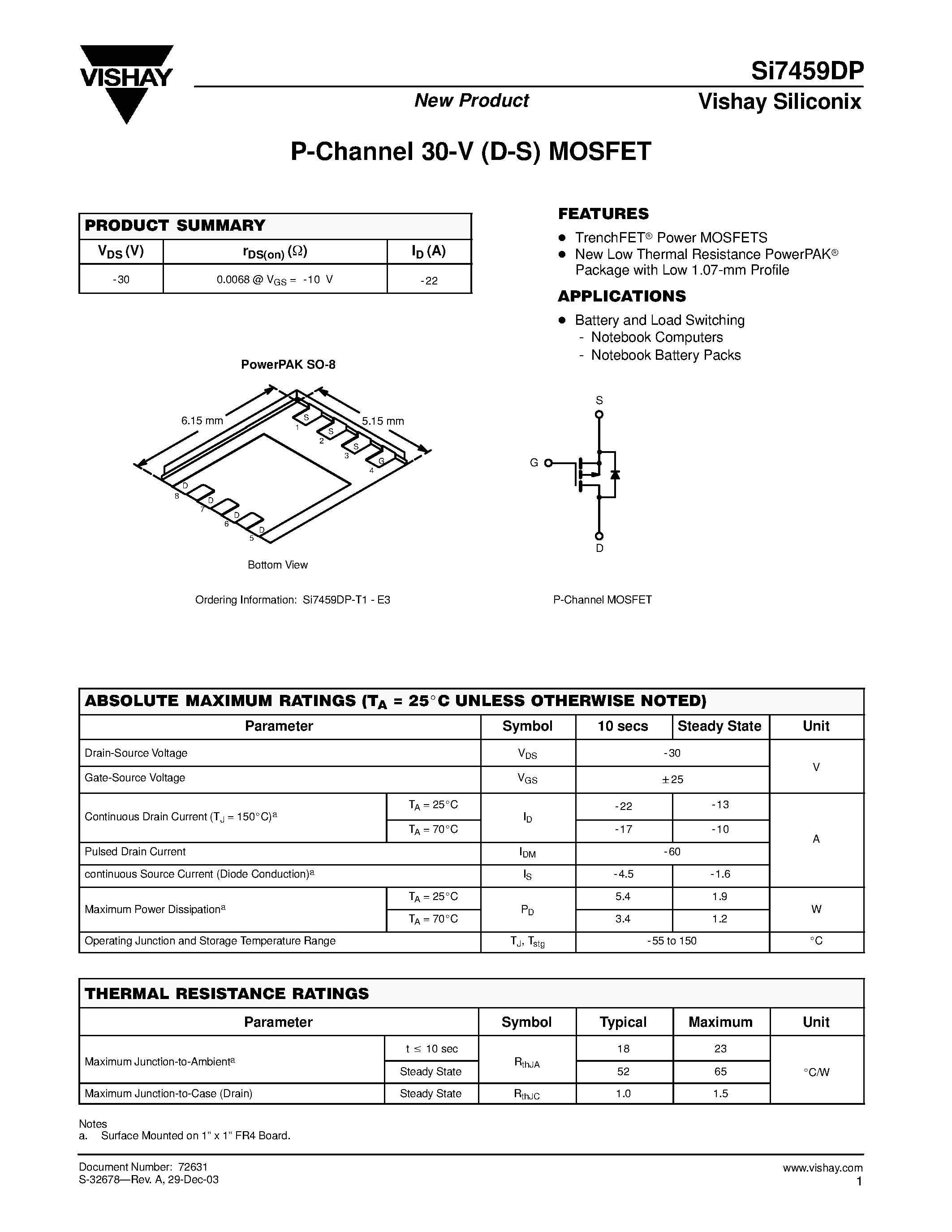 Datasheet 72631 - P-Channel 30-V (D-S) MOSFET page 1