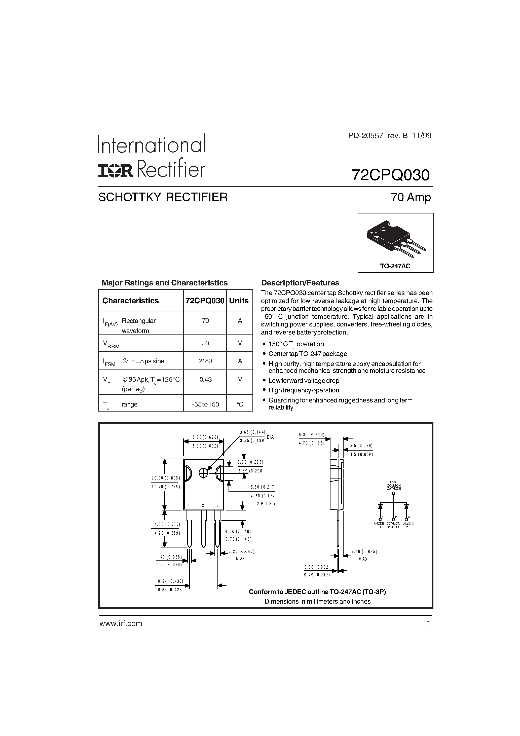 Datasheet 72CPQ030 - SCHOTTKY RECTIFIER page 1