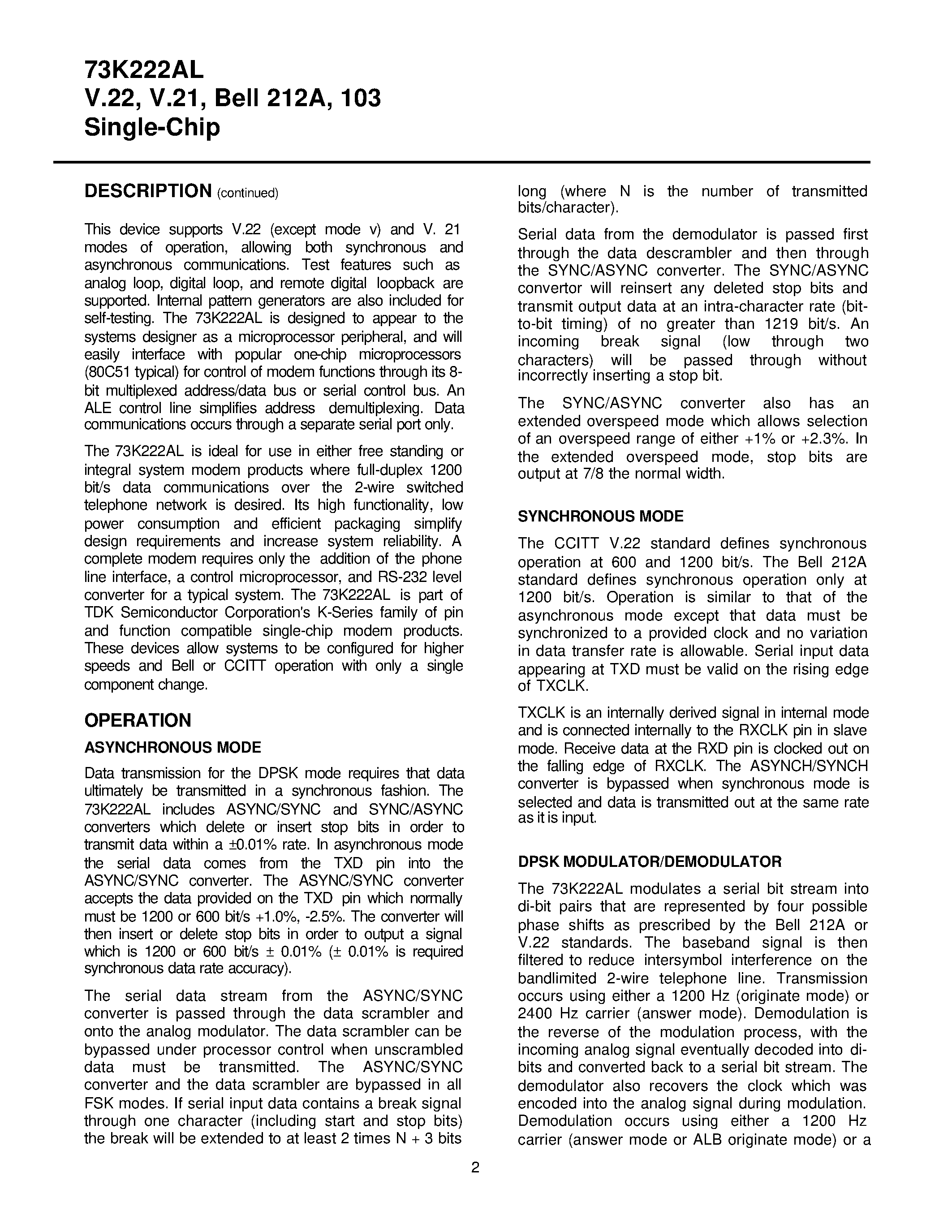 Даташит 73K222AL-IGT - V.22/ V.21/ Bell 212A/ 103 Single-Chip Modem страница 2