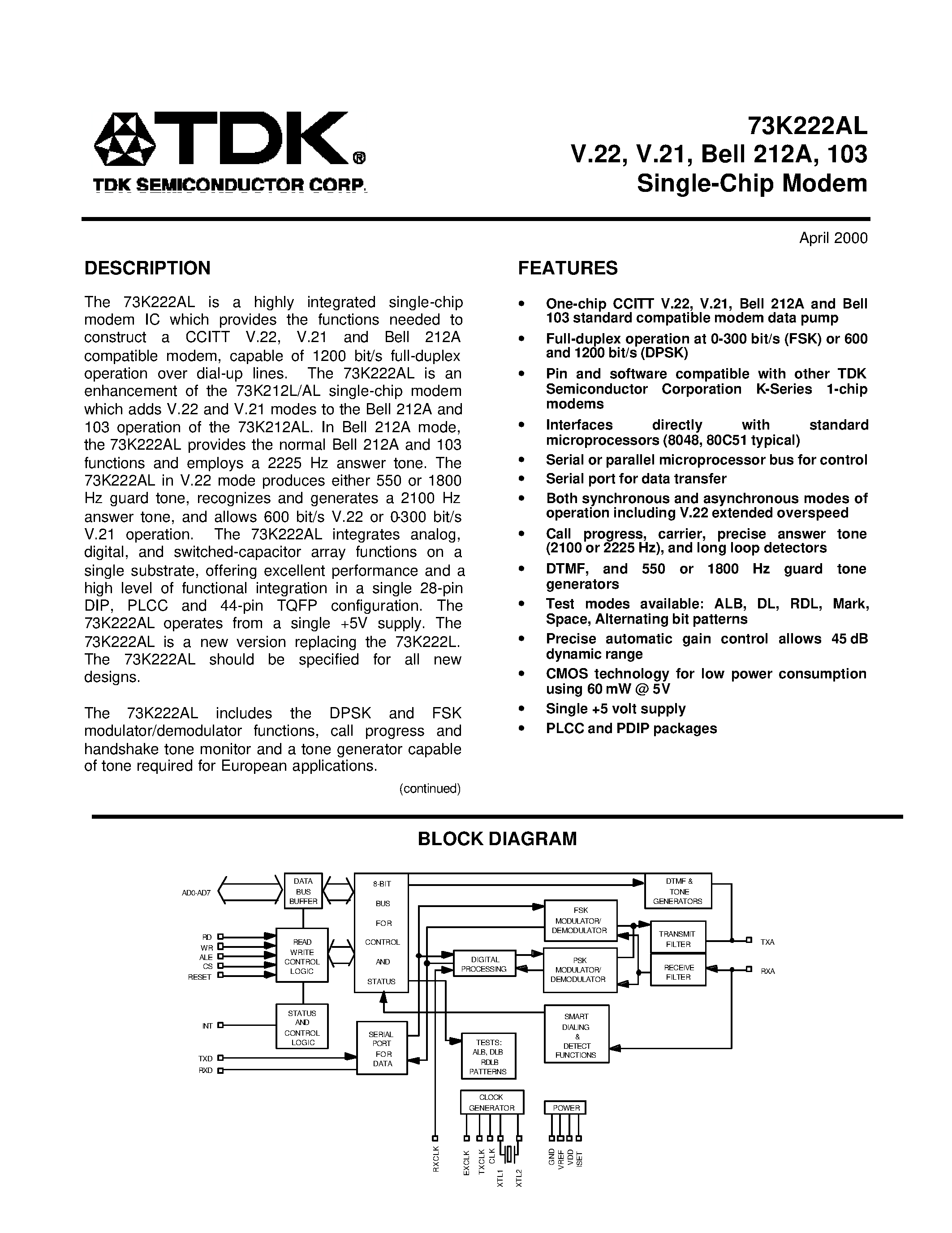 Даташит 73K222AL-IP - V.22/ V.21/ Bell 212A/ 103 Single-Chip Modem страница 1