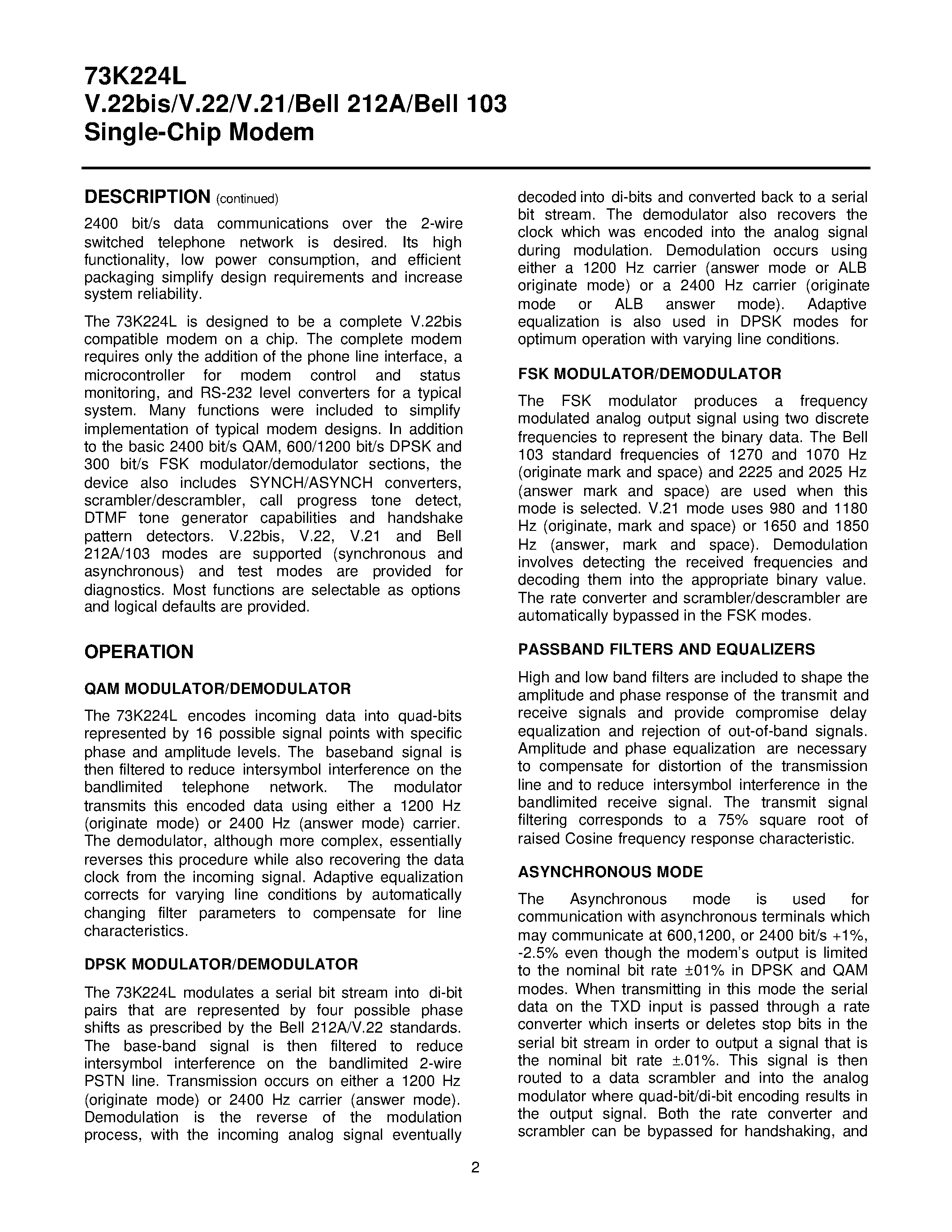 Даташит 73K224L-28IH - V.22bis/V.22/V.21/ Bell 212A/Bell 103 Single-Chip Modem страница 2