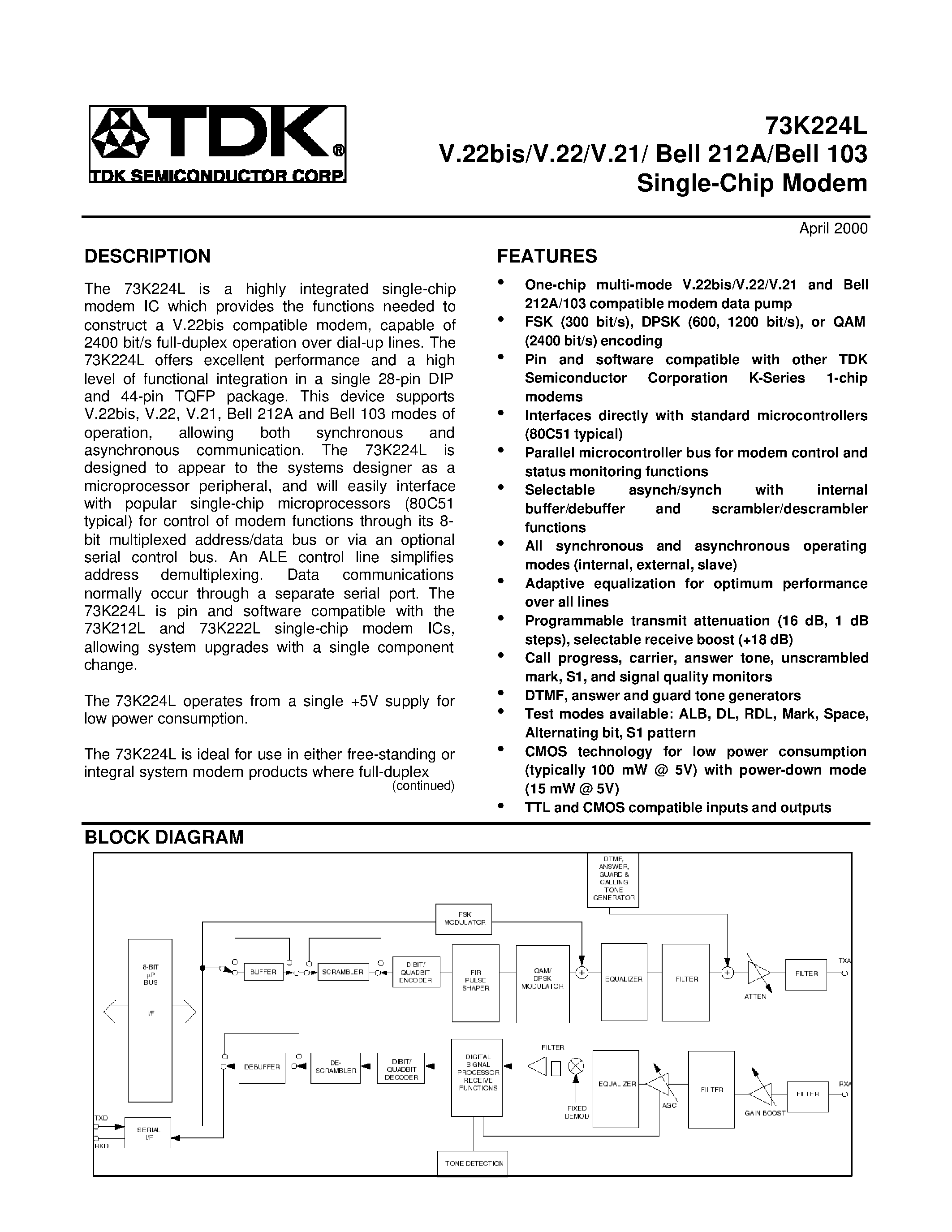 Даташит 73K224L-IH - V.22bis/V.22/V.21/ Bell 212A/Bell 103 Single-Chip Modem страница 1
