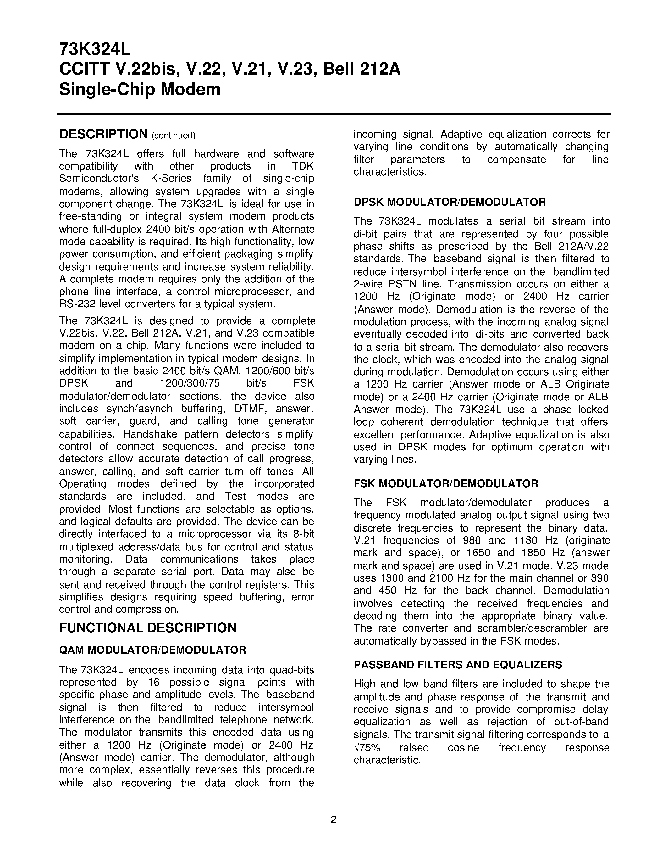 Даташит 73K324L - CCITT V.22bis/ V.22/ V.21/ V.23/ Bell 212A Single-Chip Modem страница 2
