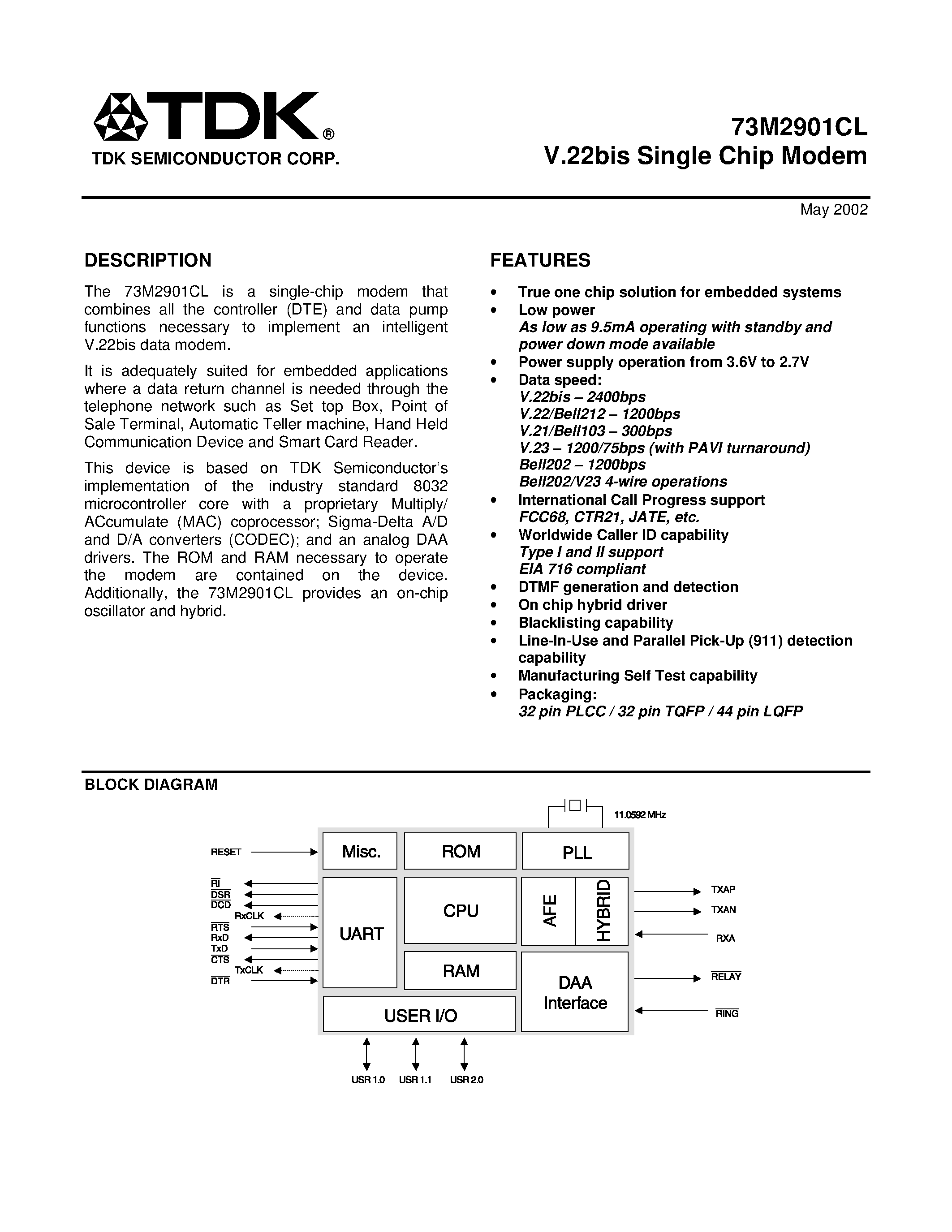 Datasheet 73M2901CLIGV - V.22 BIS SINGLE CHIP MODEM page 1