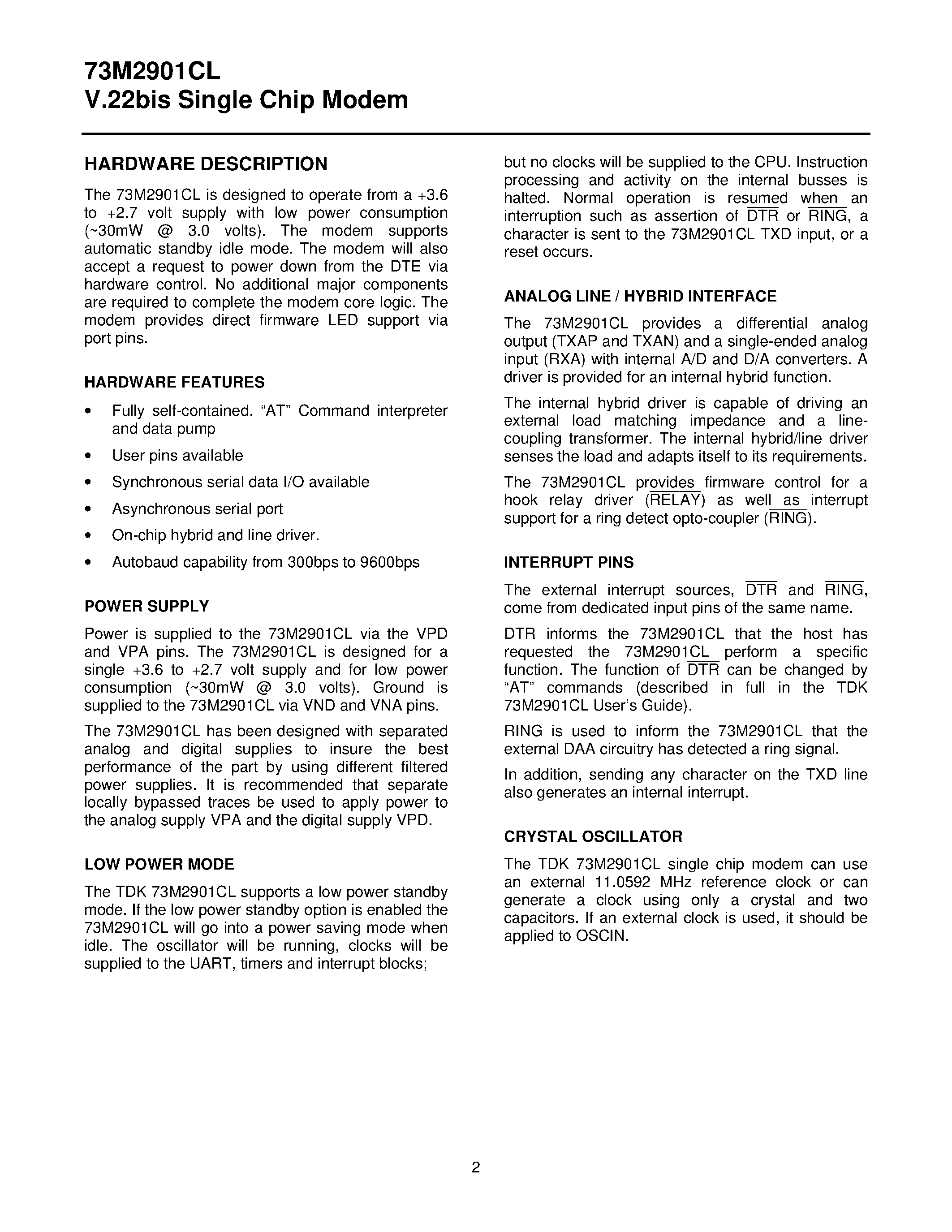 Datasheet 73M2901CLIH - V.22 BIS SINGLE CHIP MODEM page 2