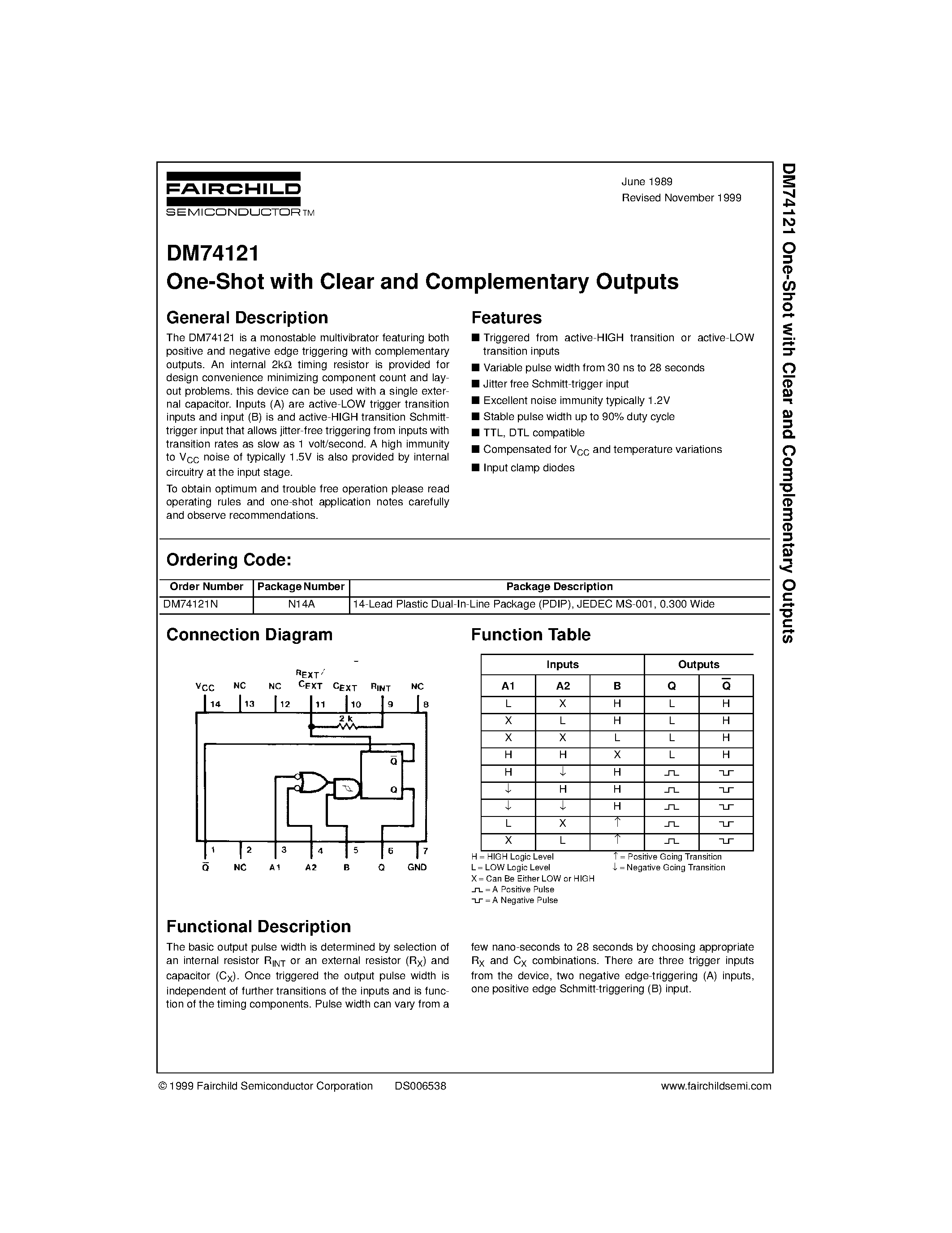 Datasheet 74121 page 1 Datasheet 74121 - One-Shot with Clear and Complementary Outputs page 1
