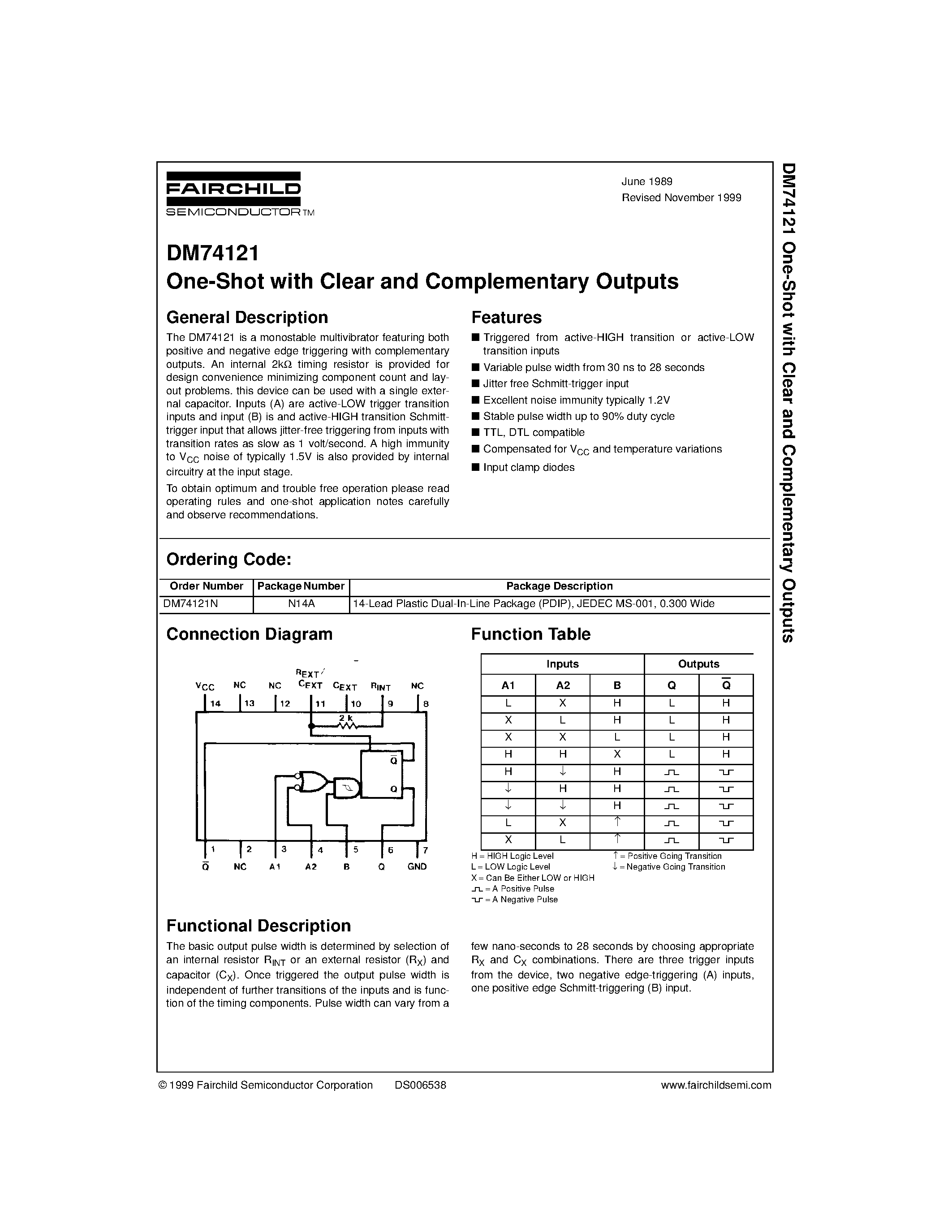 Datasheet 74121 - One-Shot with Clear and Complementary Outputs page 1