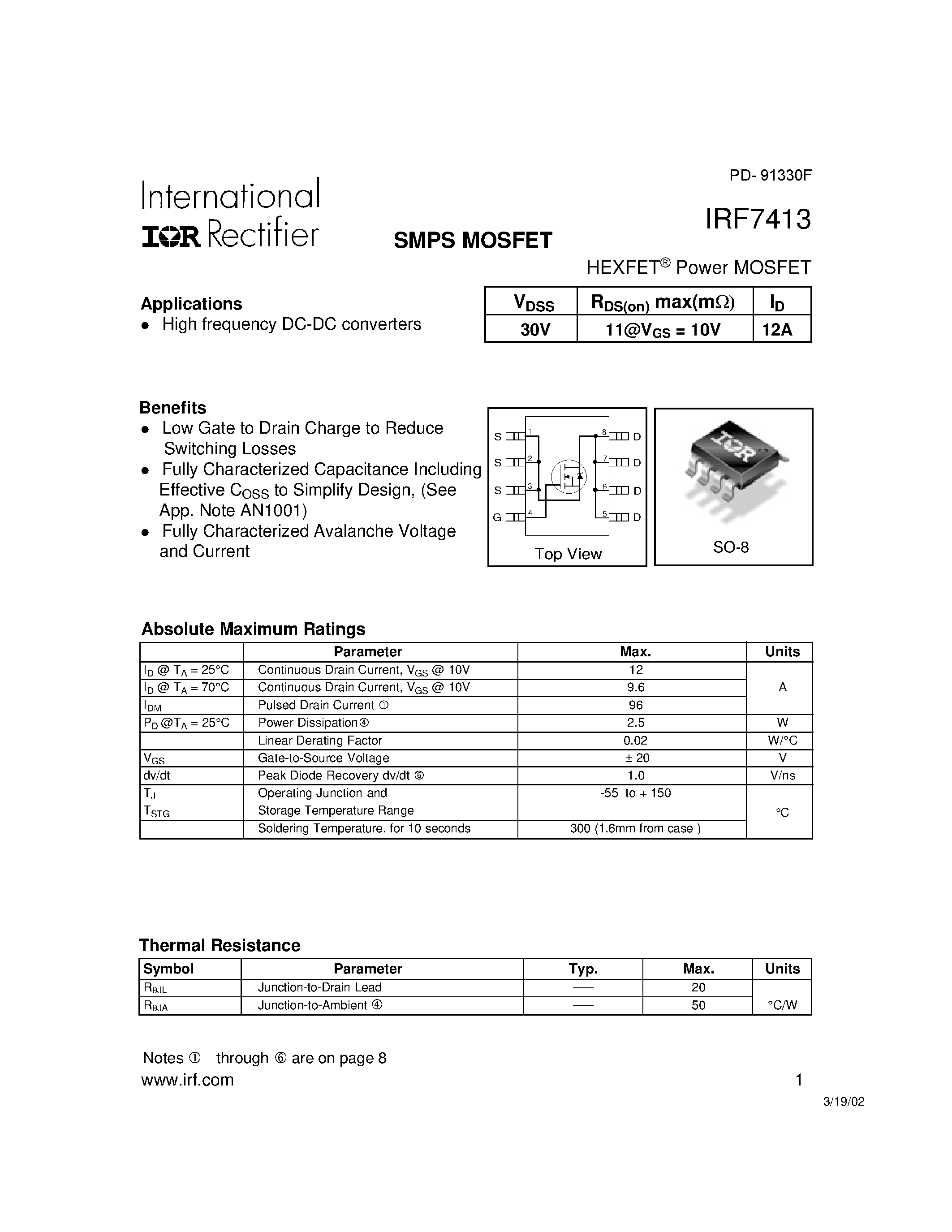 Datasheet 7413 page 1 Datasheet 7413 - Power MOSFET(Vdss=30V/ Id=12A) page 1