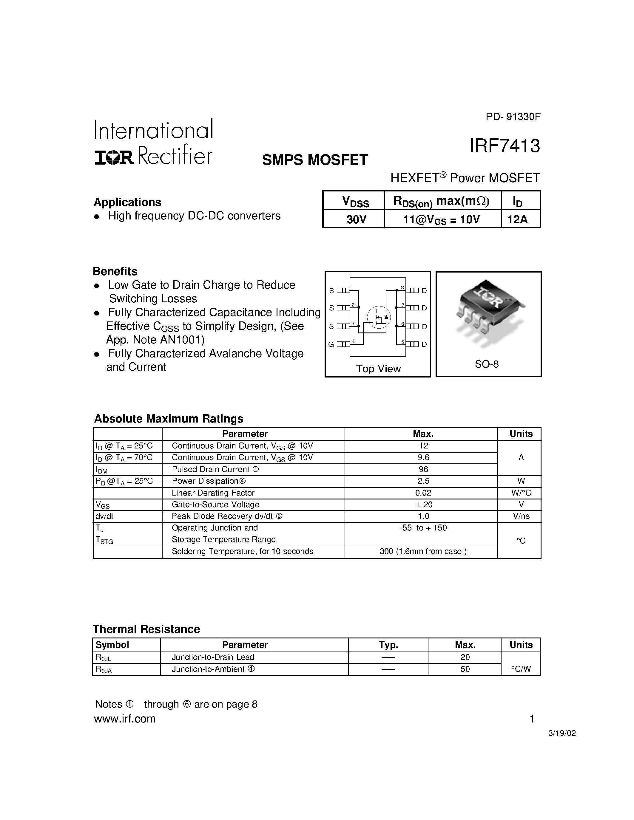 Datasheet 7413 - Power MOSFET(Vdss=30V/ Id=12A) page 1