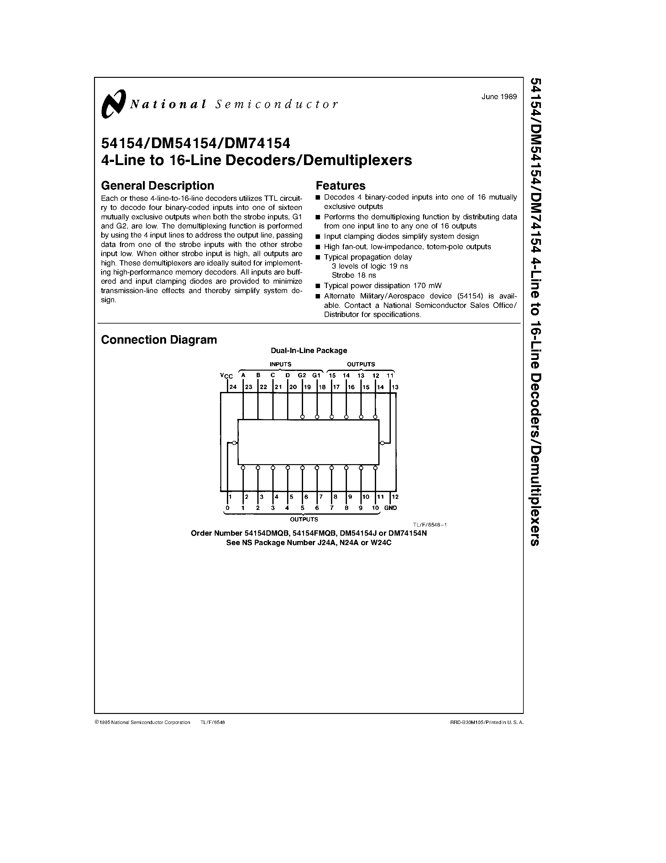 Datasheet 74154 - 4-Line to 16-Line Decoders/Demultiplexers page 1