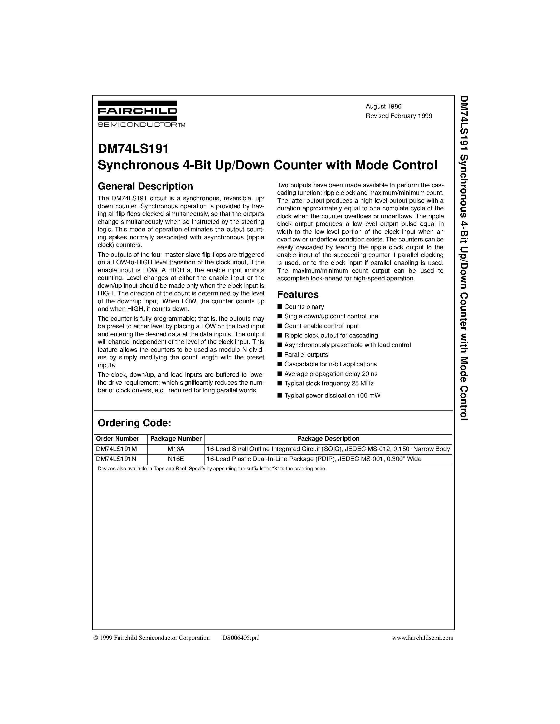 Datasheet 74191 - Synchronous 4-Bit Up/Down Counter with Mode Control page 1