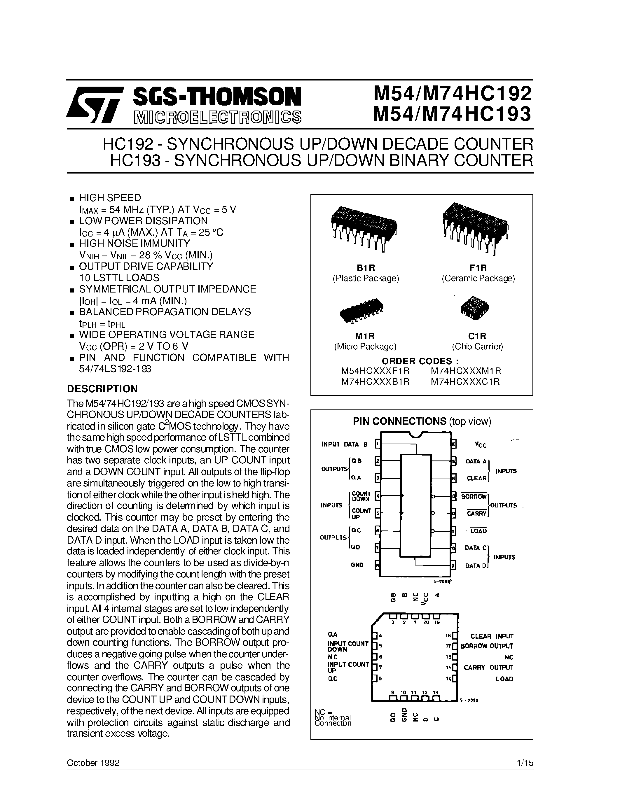Datasheet 74192 - SYNCHRONOUS UP/DOWN DECADE(/BINARY) COUNTER page 1