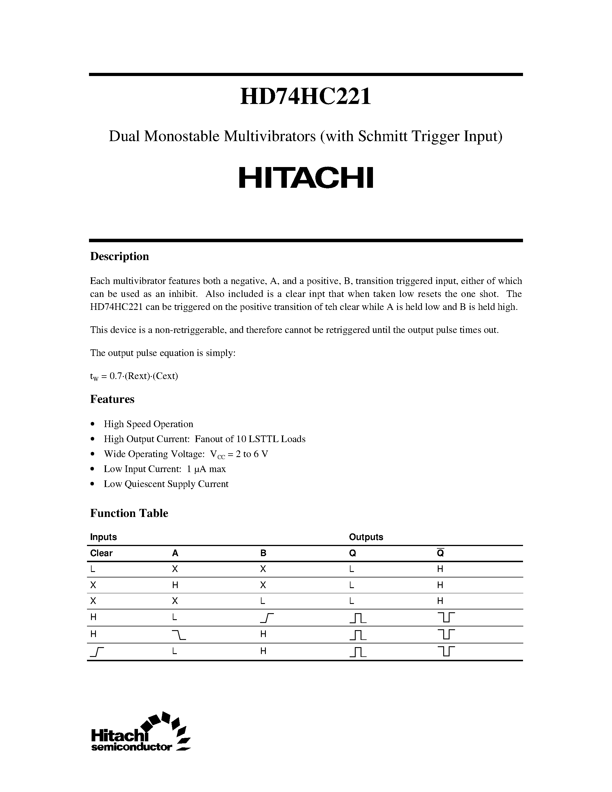 Datasheet 74221 - Dual Monostable Multivibrators (with Schmitt Trigger Input) page 1