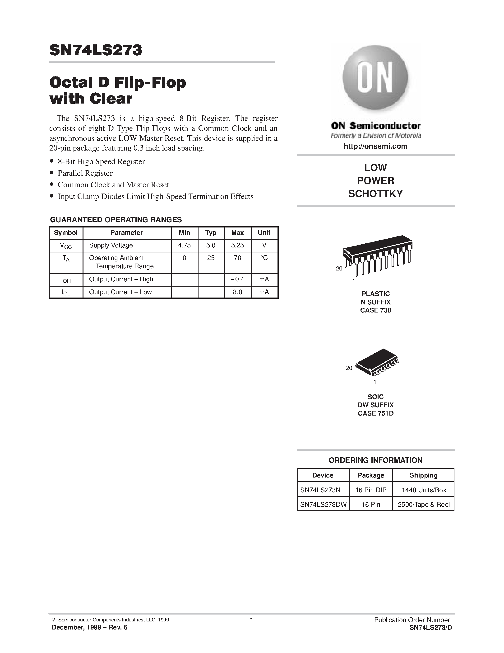Datasheet 74273 - LOW POWER SCHOTTKY page 1