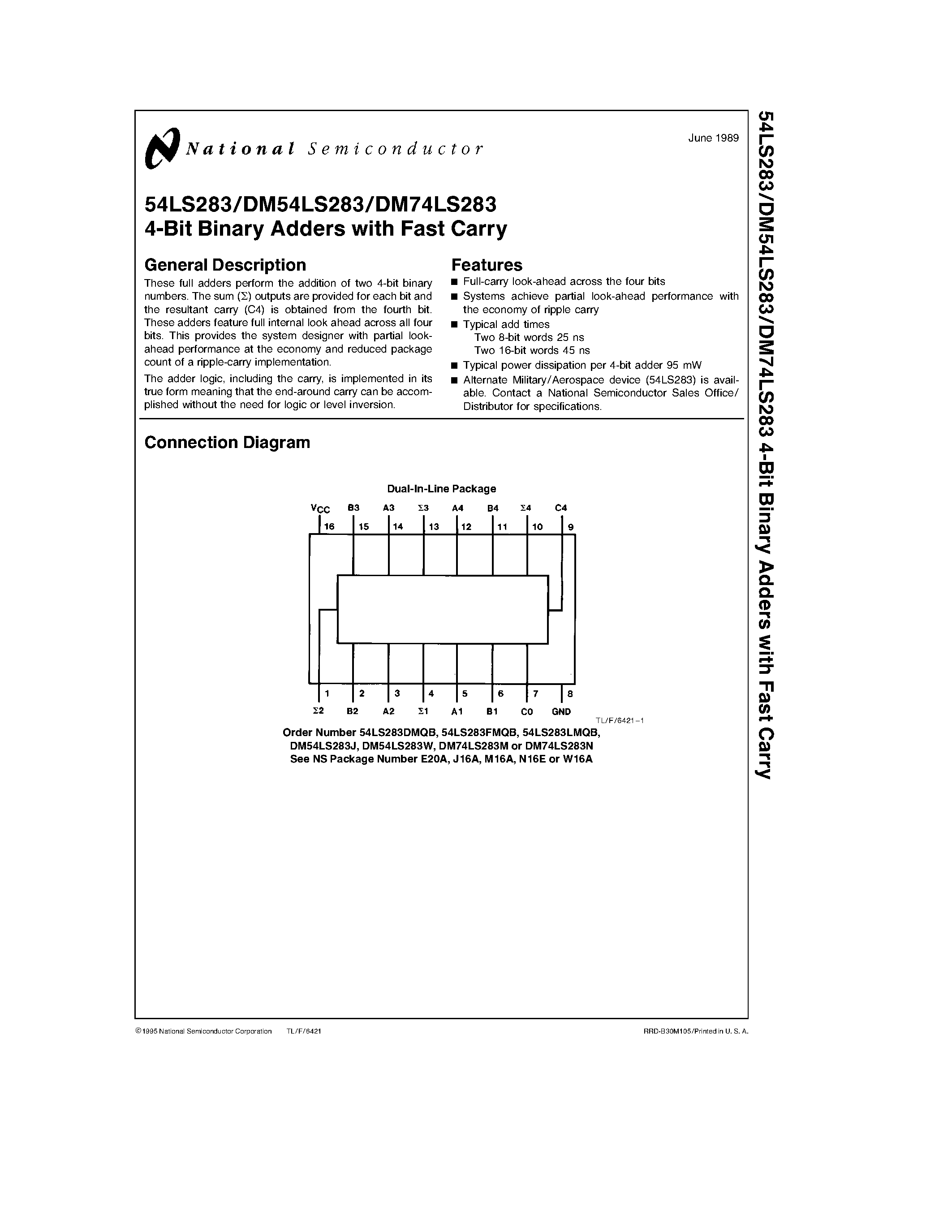 Datasheet 74283 - 4-Bit Binary Adders with Fast Carry page 1