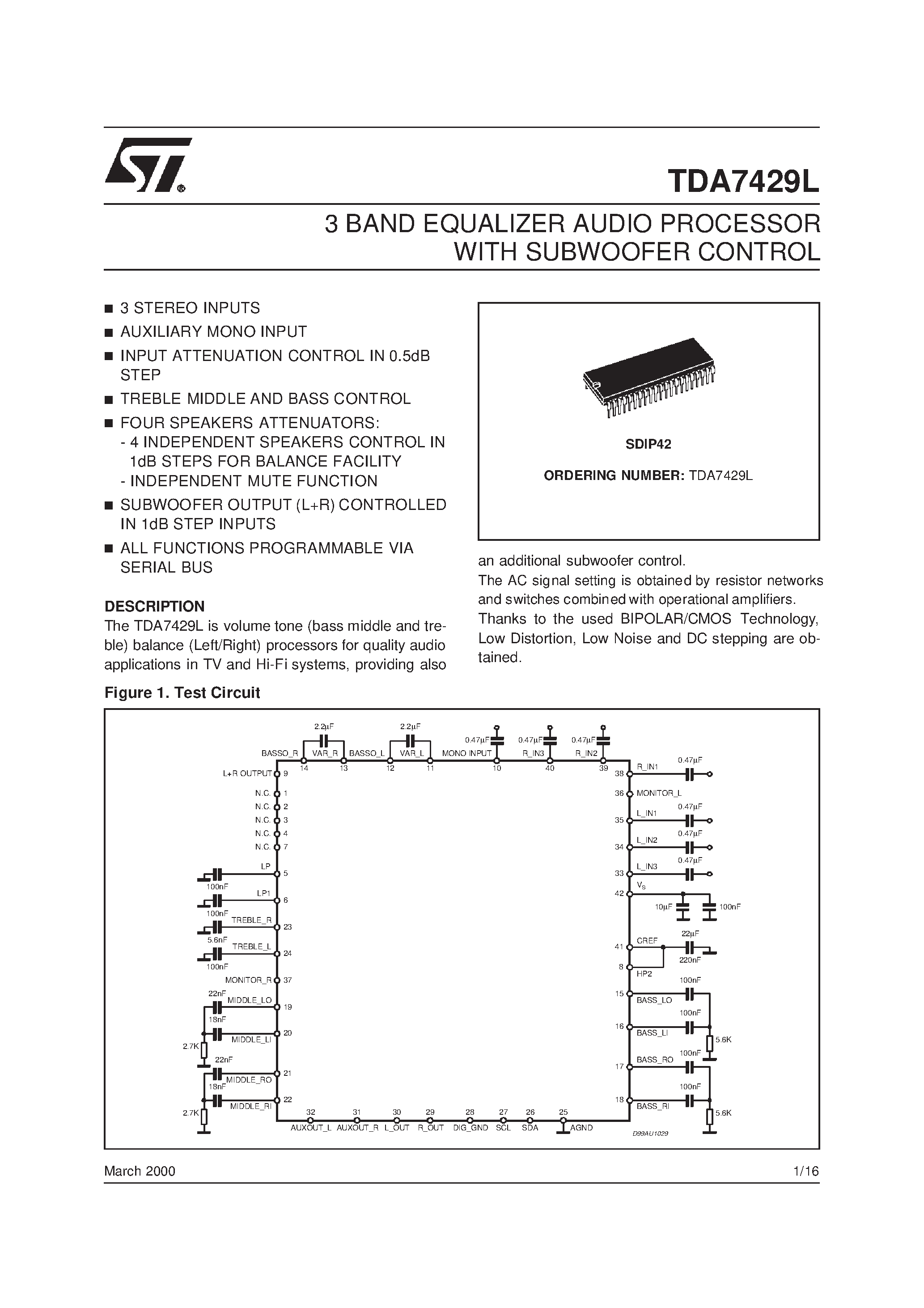 Datasheet 7429 - 3 BAND EQUALIZER AUDIO PROCESSOR WITH SUBWOOFER CONTROL page 1